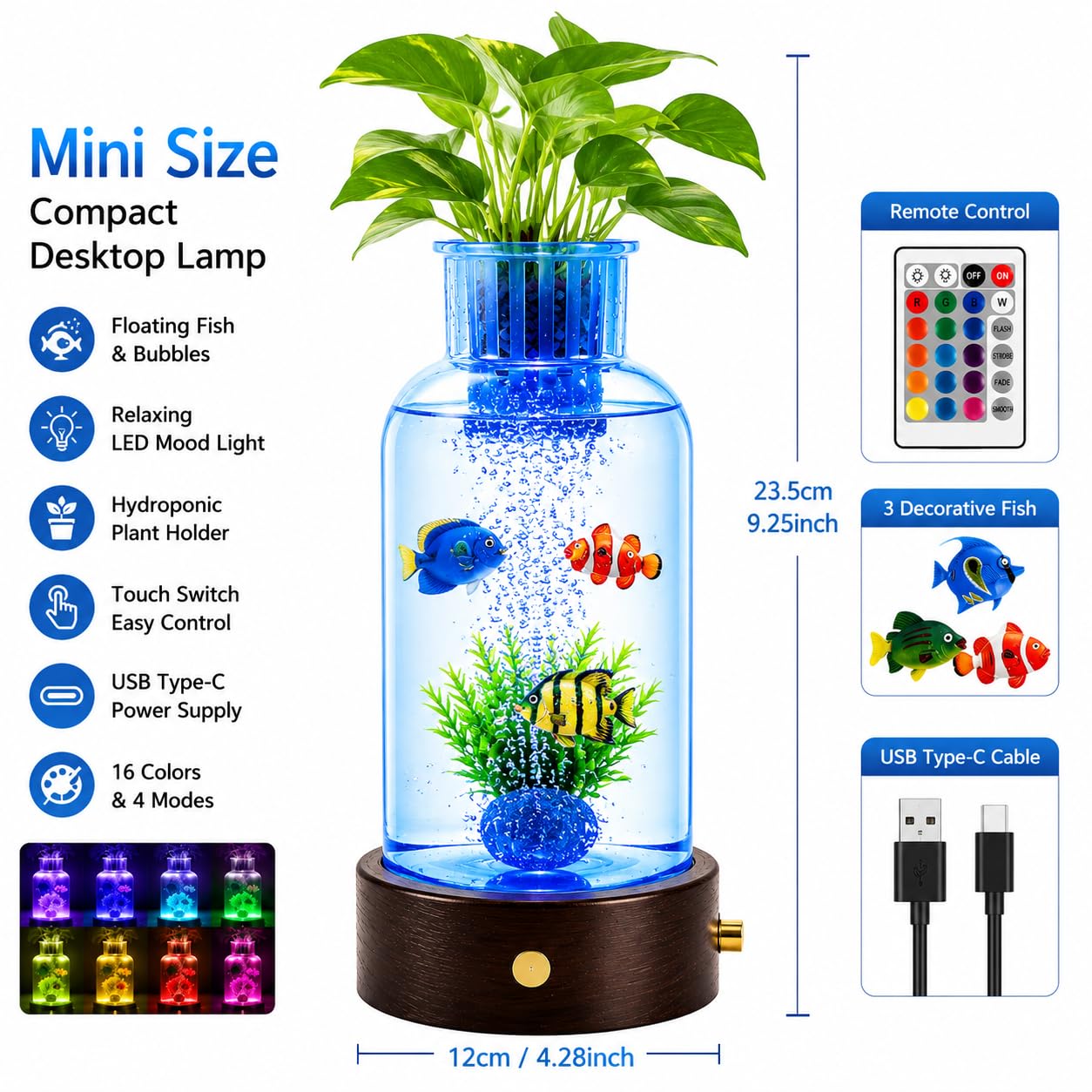 Sensorisches Blasen-Aquarium mit 3 künstlichen Fischen, 16-farbiges Nachtlicht, Mini-Glas-Tank mit künstlichen Pflanzen und Holzsockel, Luftpumpen-Stil, Schreibtischdekoration, Heimdekor, Geschenk für