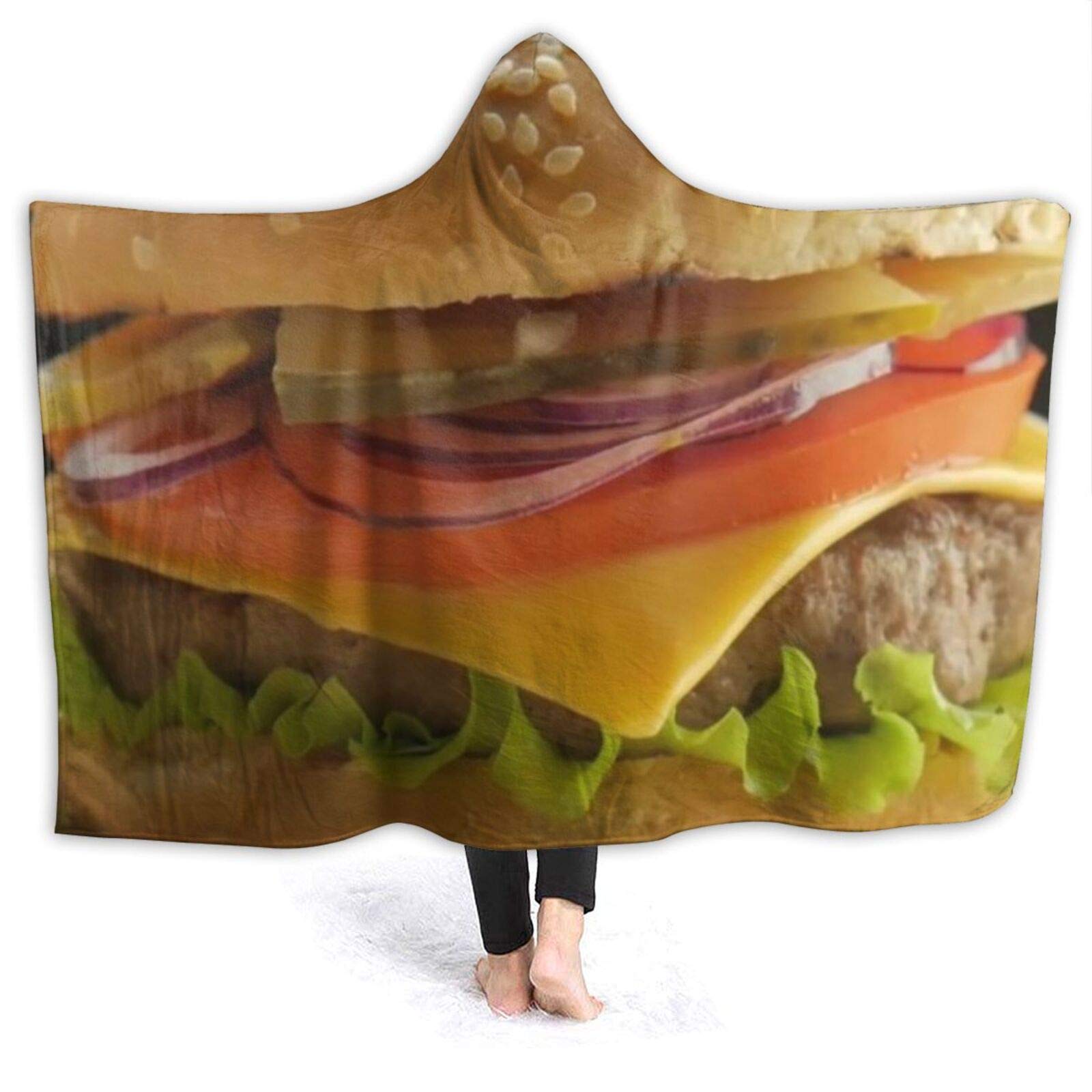 Funny Cute Cheeseburger Hooded Blanket Ultra Soft Wearable Throw Blanket Coral Fleece Blanket Hoodie