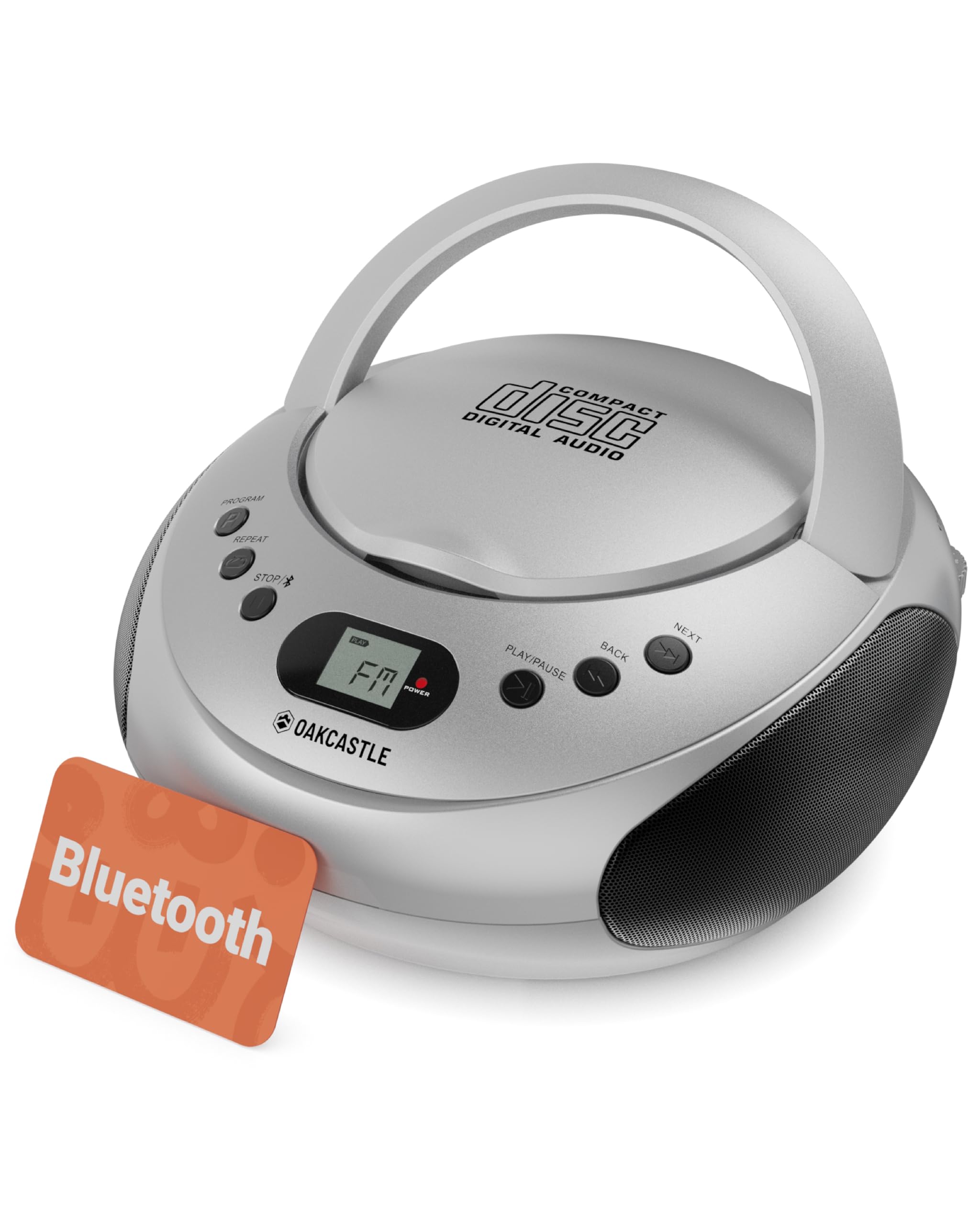 OAKCASTLE CD250 Tragbar Bluetooth Boombox | Einfache Kontrollen CD Player fur Kinder | Tragbare CD Spieler mit FM Radio, 30 Radiovoreinstellungen, LED-Anzeige & Kopfhörerbuchse (Silber)
