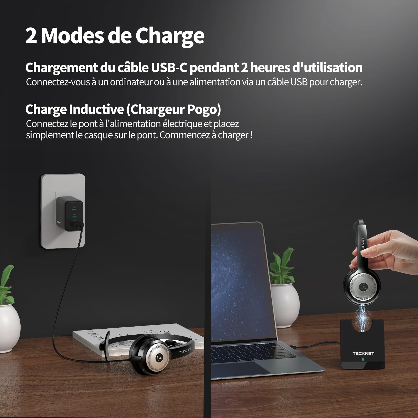 TECKNET Casque Bluetooth avec Microphone, Casque sans Fil Suppression du Bruit AI avec Station de Charge, 40 heures d'autonomie,pour PC Portable Ordinateur/Centre d'appels/Téléphones/Skype/Bureau/Zoom