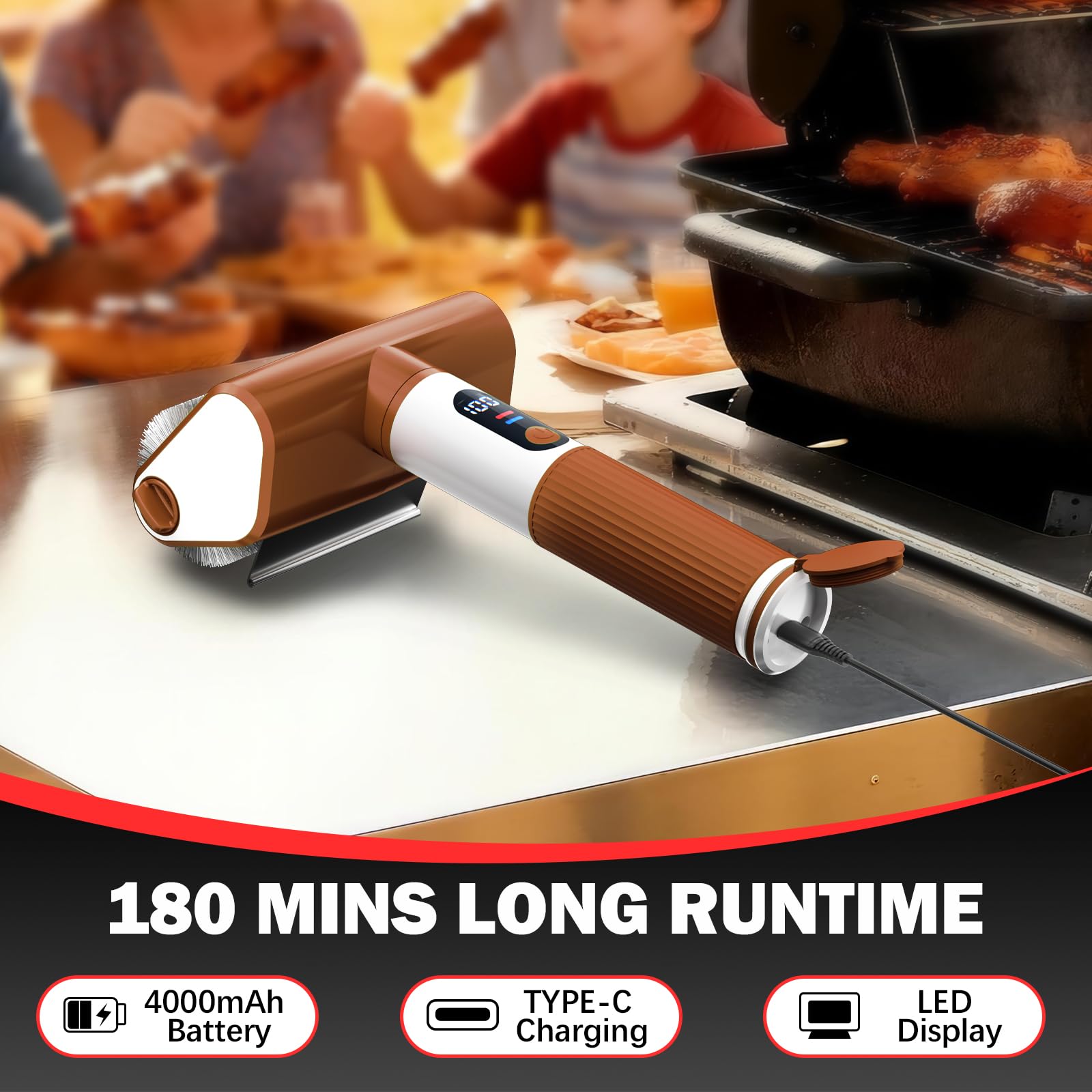 Spazzola elettrica per grill, spazzola per barbecue a 2 velocità con luce LED/schermo pulizia potente 800 giri/min, 4000 mAh/2 testine senza setole spargimento ricaricabile leggero detergente
