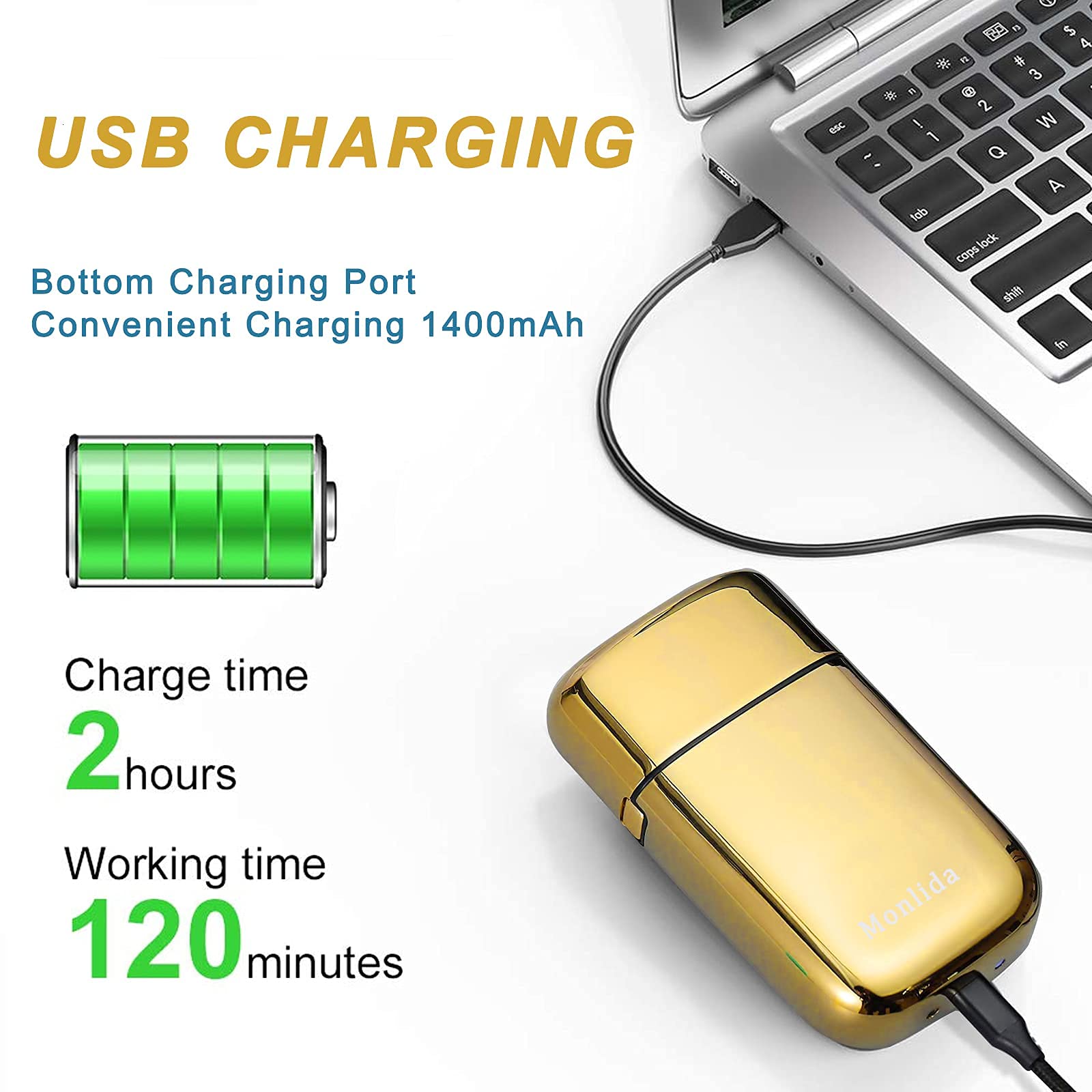 Rasoio Elettrico barba, Monlida Rasoi Elettrici da Barba in Lamina di Alluminio in Metallo Shaver Uomo Ricaricabile USB (Dorato)