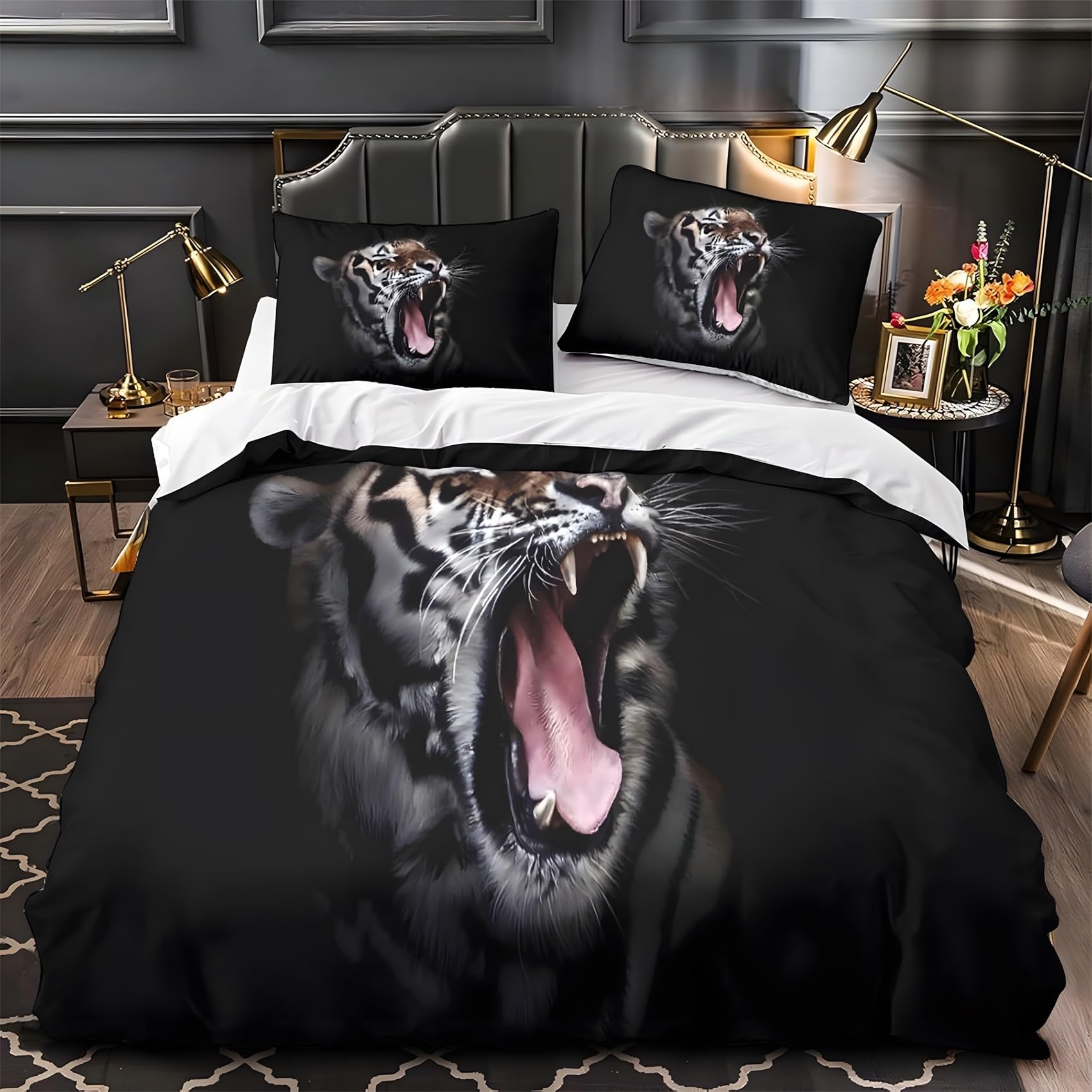 Parure de lit 200x200 microfibre tigre féroce housse de couette noir et taies 65x65