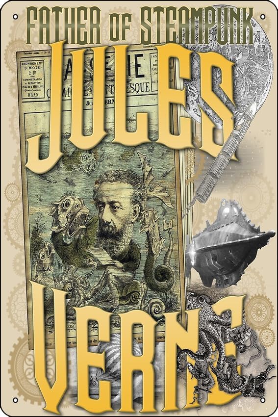 Jules Verne - Cartel de padre de Steampunk divertido cartel de metal para decoración del hogar, cocina, bar, habitación, garaje, 8 x 12 pulgadas