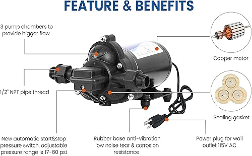 Miniatura 4 de Bomba de transferencia de agua dulce de 110 V CA con interruptor de presión 5.5 GPM 55 PSI, motor sin escobillas, manguera de jardín, bomba de