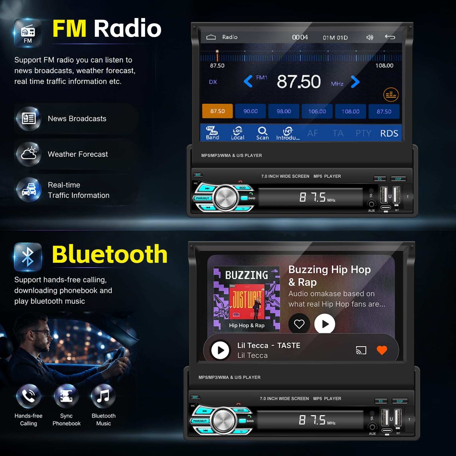 Autoradio 1 Din con Senza Fili Carplay e Android Auto
