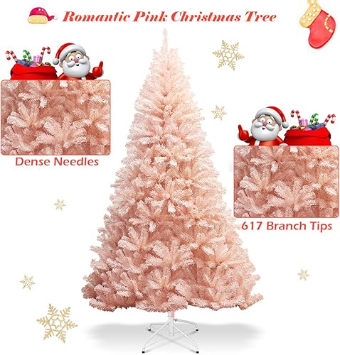 Miniatura 5 de GOFLAME Árbol de Navidad artificial rosa de 6 pies, árbol de Navidad con bisagras con 617 puntas de rama y soporte de metal, agujas de PVC de alta