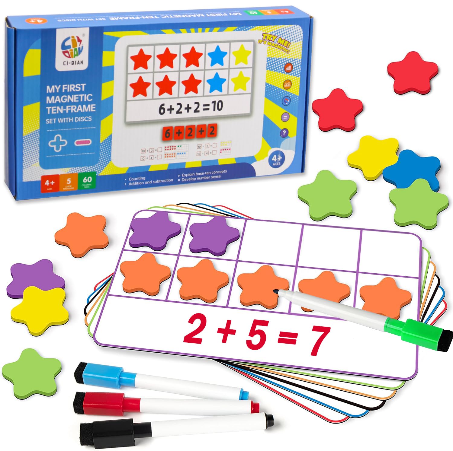 Smile Kid Big Happy Magnetic Ten-Frame Set, Math Manipulative EVA Number Counting Games, Montessori Educational Toy Gift for Kindergarten Classroom Kids 4 5 6 Year Old