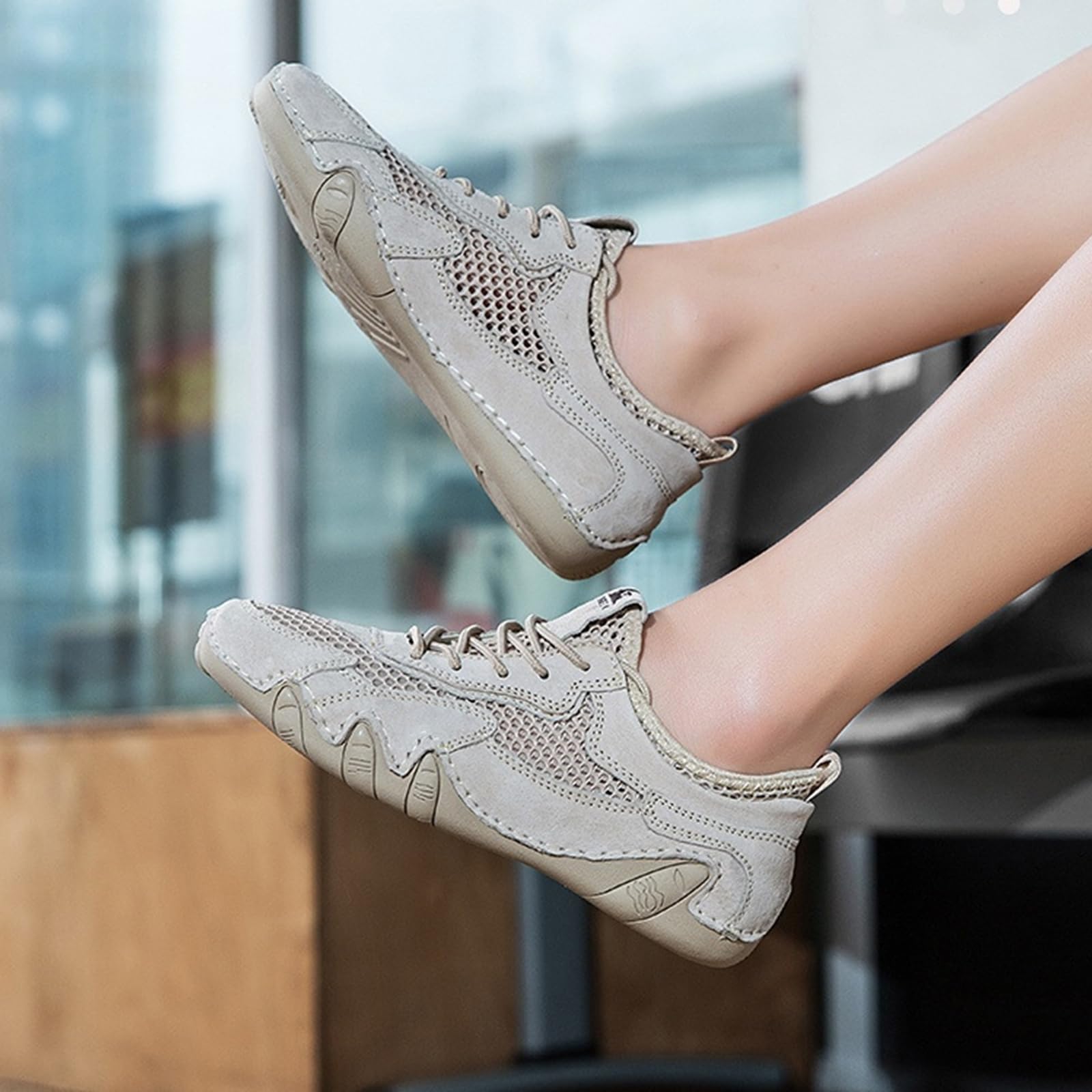 Siateczkowe, szerokie, elastyczne buty do chodzenia, Beżowy, 43 EU | System elastycznych sznurowadeł, miejskie spacery, dojazdy do biura, podróże w czasie wolnym