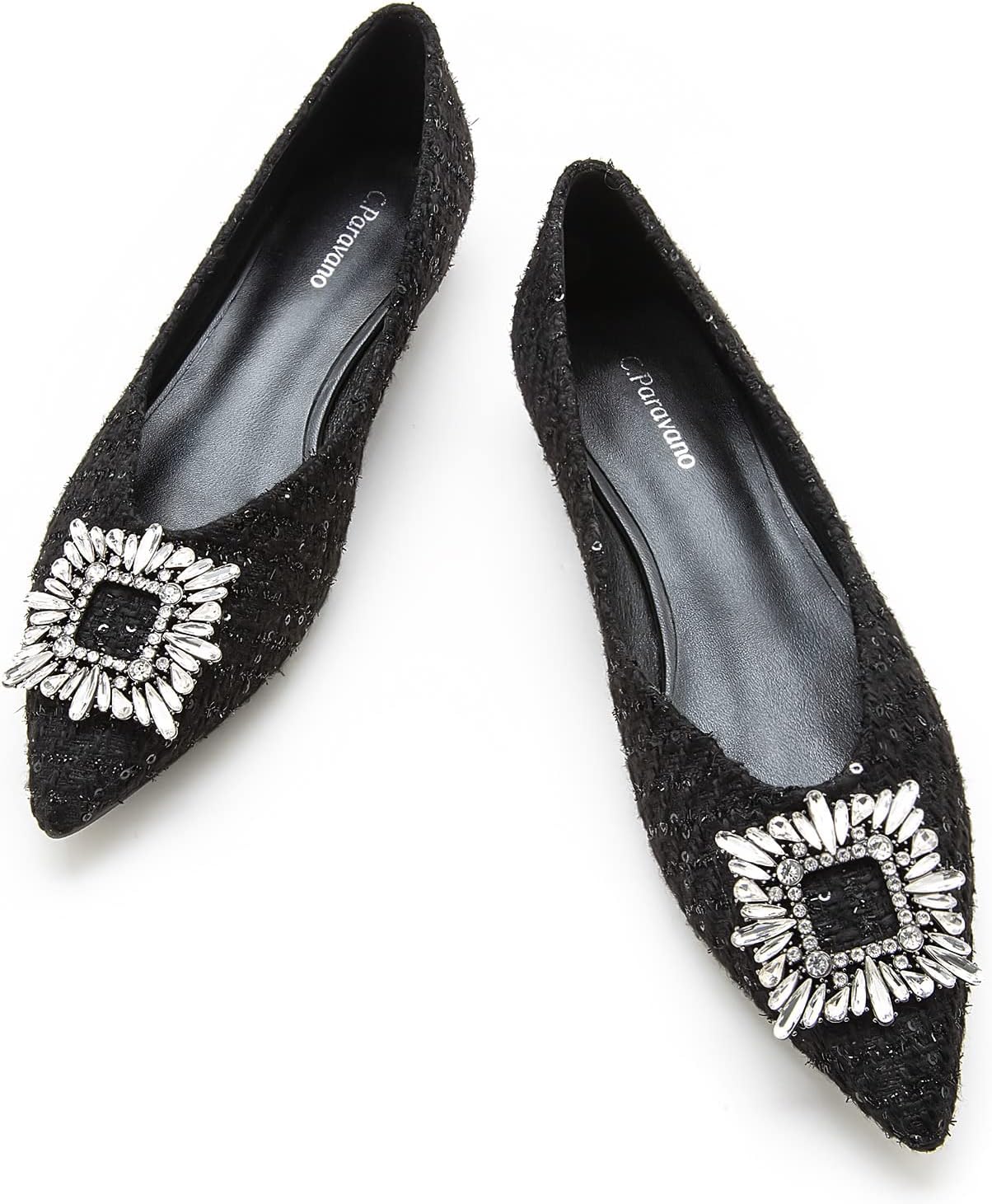 C.Paravano Women’s Flats I Pointed Toe Flats for Women I Women Flat Shoes I Crystal Buckle Flats I Ballet Flats Shoes for Women I Slip on Dressy Flats 10 Black_a6
