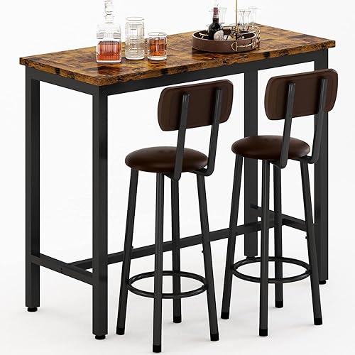 AWQM Bar Table Set of 2,39.3" Pub Height Table & 2 PU Upholstered Stools with Backrest,Industrial 3 Piece Breakfast Bar Table Sets,for Living Room,Kitchen,Bar,Rustic Brown & Black & Brown