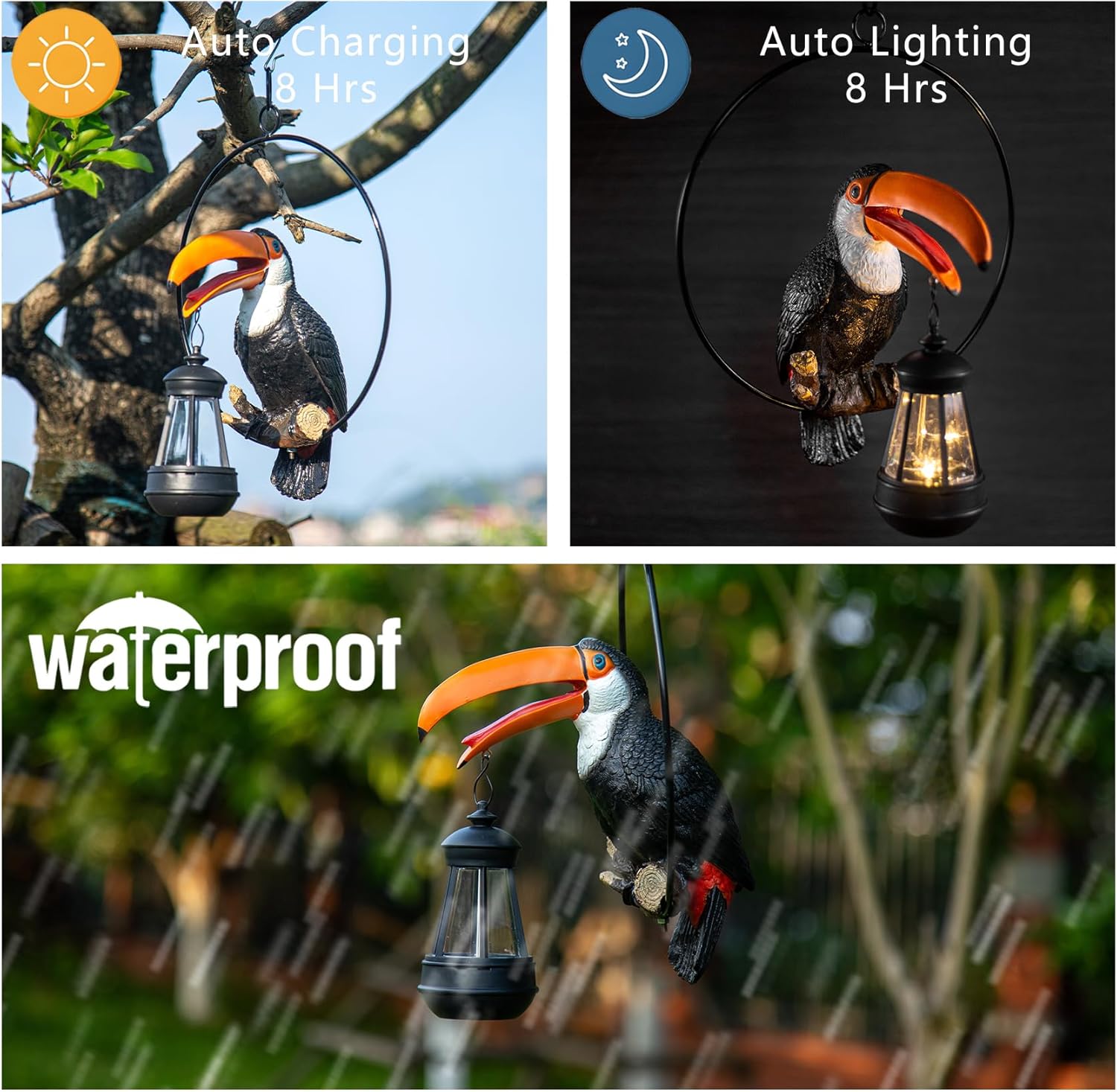 Solar Toucan Tree Hug Tree Decoration Hanging Garden Statue 12.5-inch Resin Tropical Animal Lawn Exotic Bird Sculpture for Lawn, Porch, Patio,Outdoors Decoration