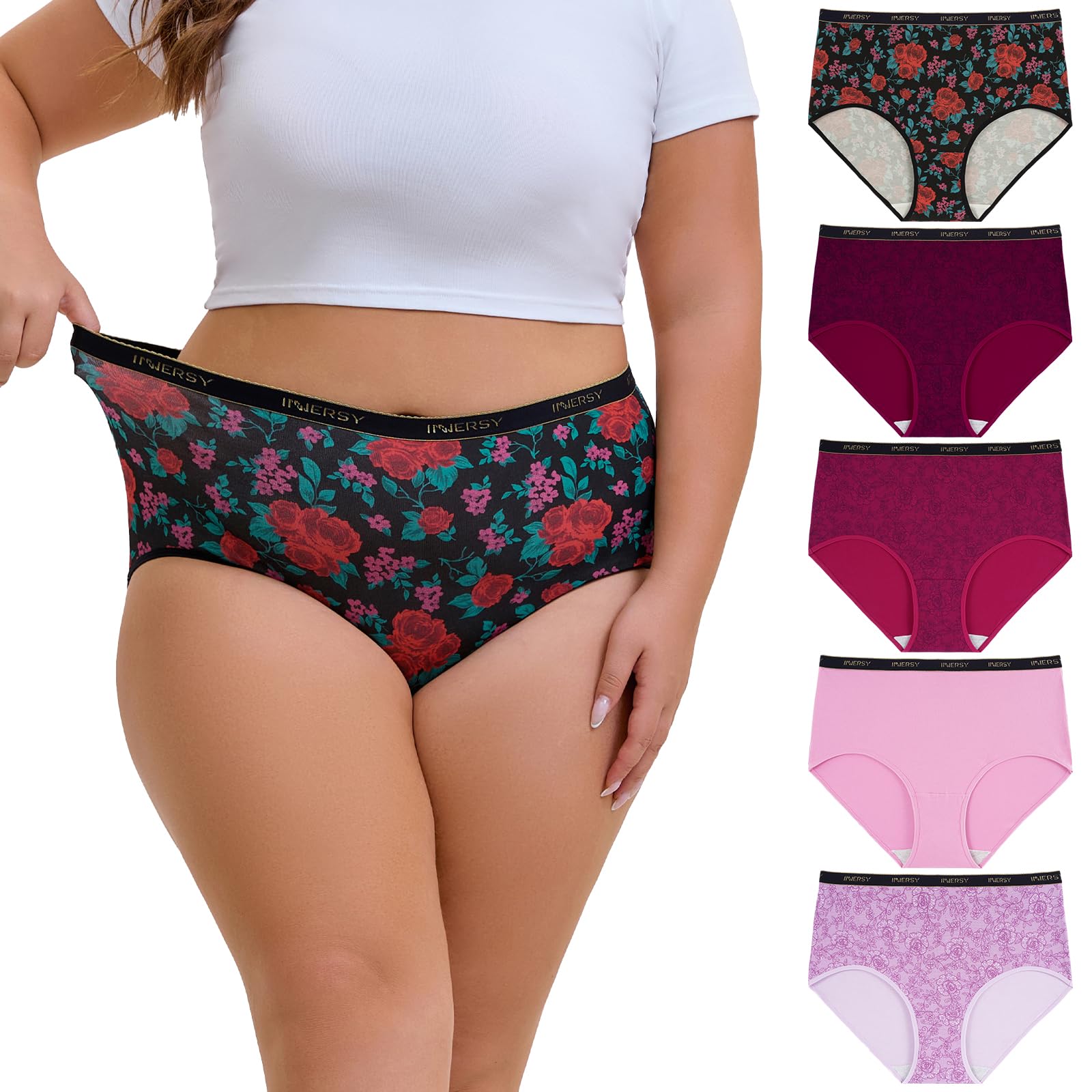INNERSY Mutande Donna Cotone Taglie Forti Slip Vita Alta Mutandine Culotte 40-62 (M-5XL) Pacco da 5