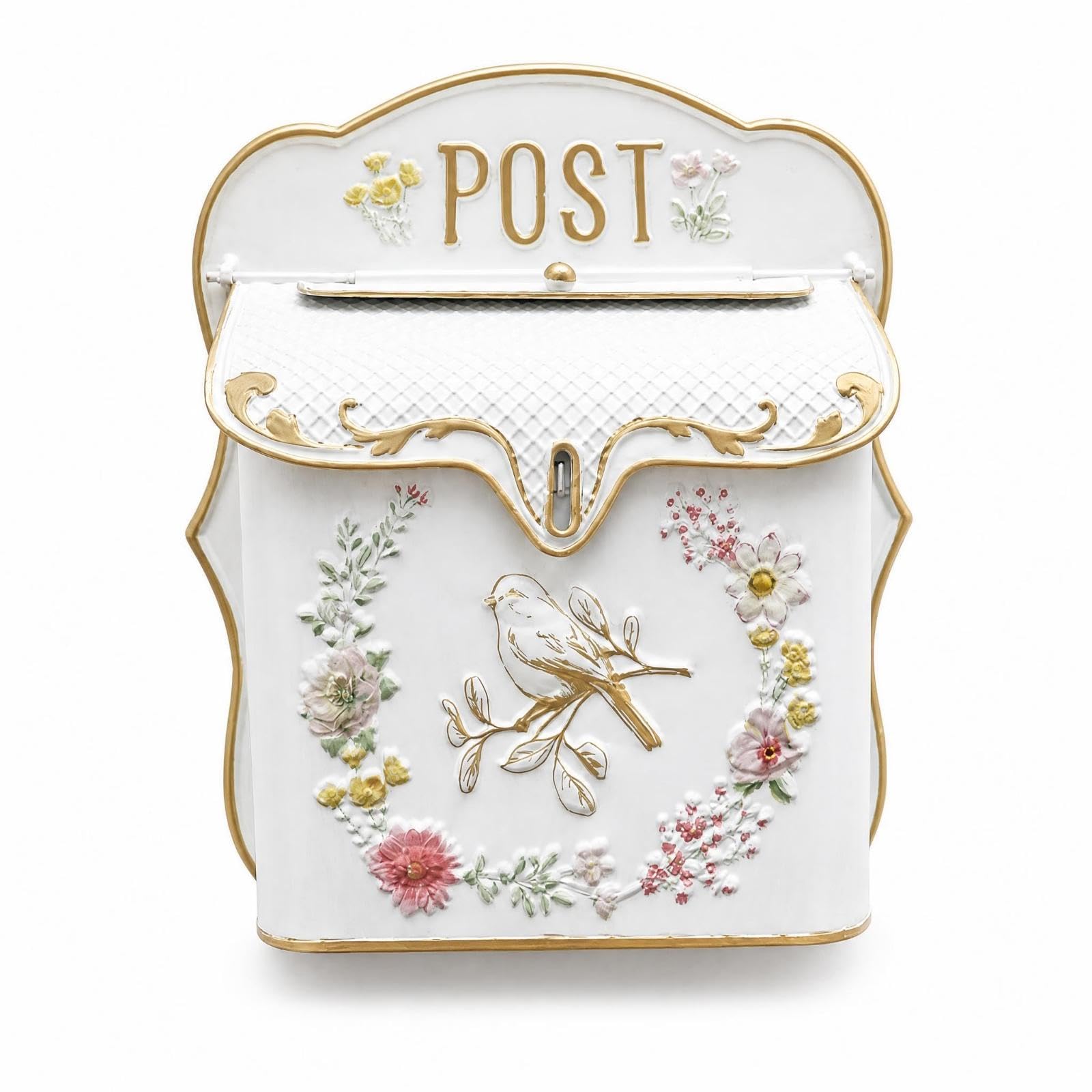 Embossed Floral Bird Mailbox Gold Wall Trim-Mounted Decorative Metal Mailbox for Indoor Display-picture-17