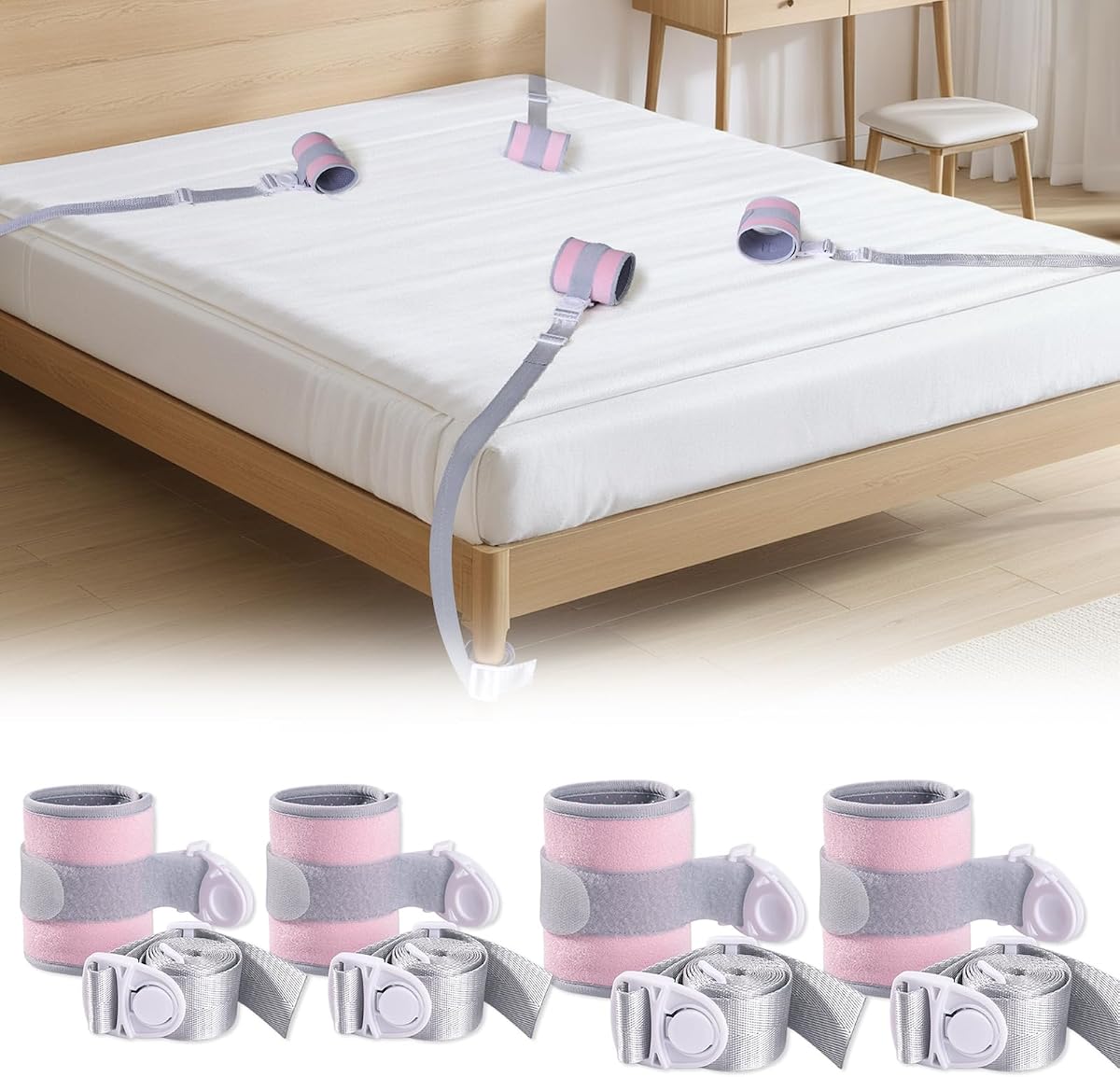 Medical Restraints with Quick Release Buckles, Upgraded Bed Restraints Belts for Both Arms and Legs, Hospital Limb Holder for Wrists and Ankles, 70'' Straps for Queen Size Bed (Pink 4Pcs)