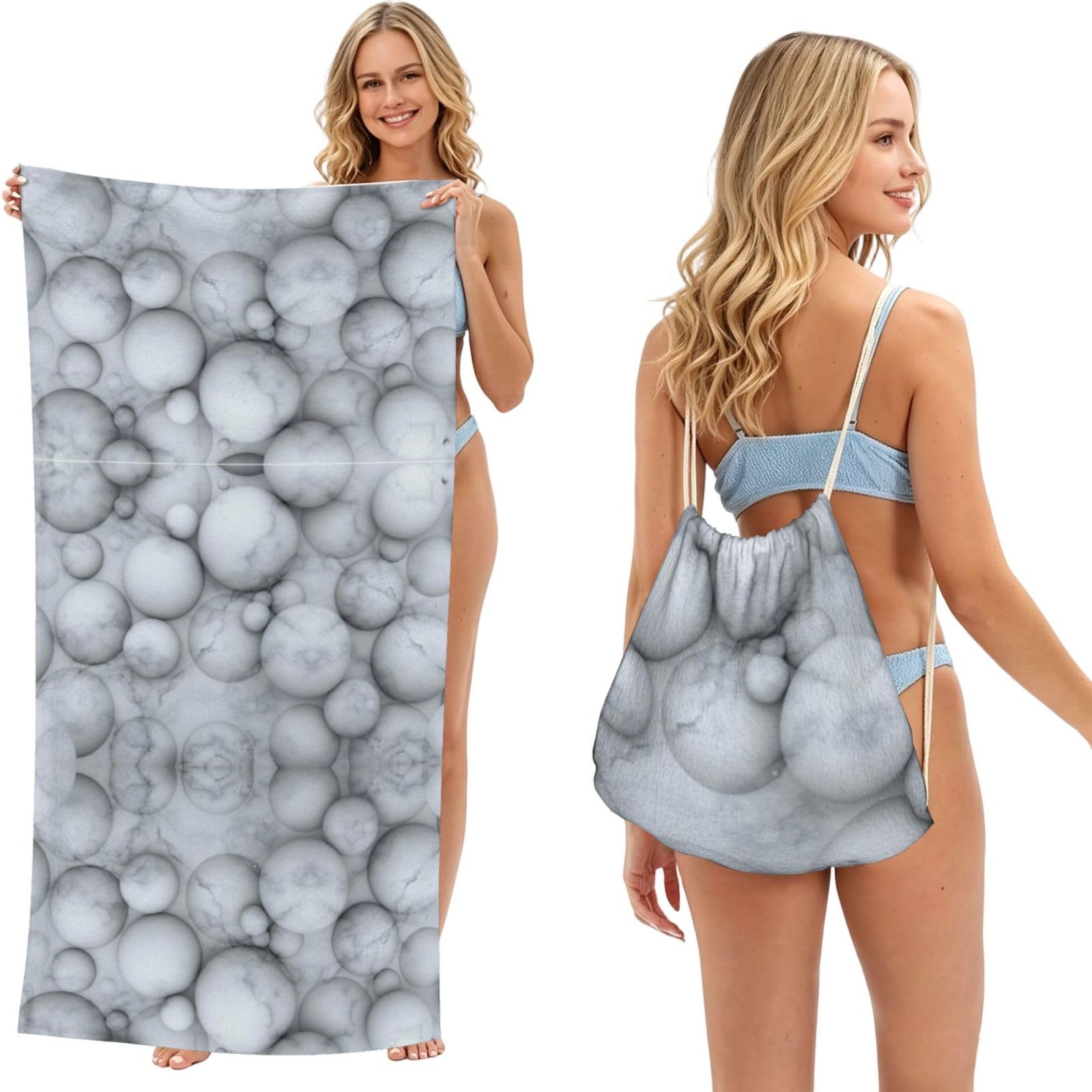 ESNAIUVCD 3d Marble Print Beach Towel For Adults,Towel With Drawstring Bag, Travel Pool Swimming Sports Shower Sand Free Quick Dry Bath Towel For Pool, Beach, Yoga- 180x60cm