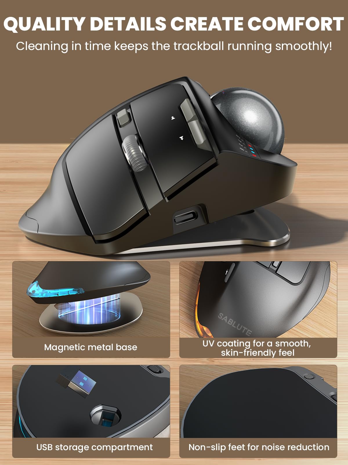 SABLUTE MAM1 Pro - Ratón ergonómico inalámbrico Trackball, ángulo ajustable de 0°/18°, ratones de control de pulgar, clic silencioso, 3 receptores Bluetooth y USB multidispositivos, mouse recargable