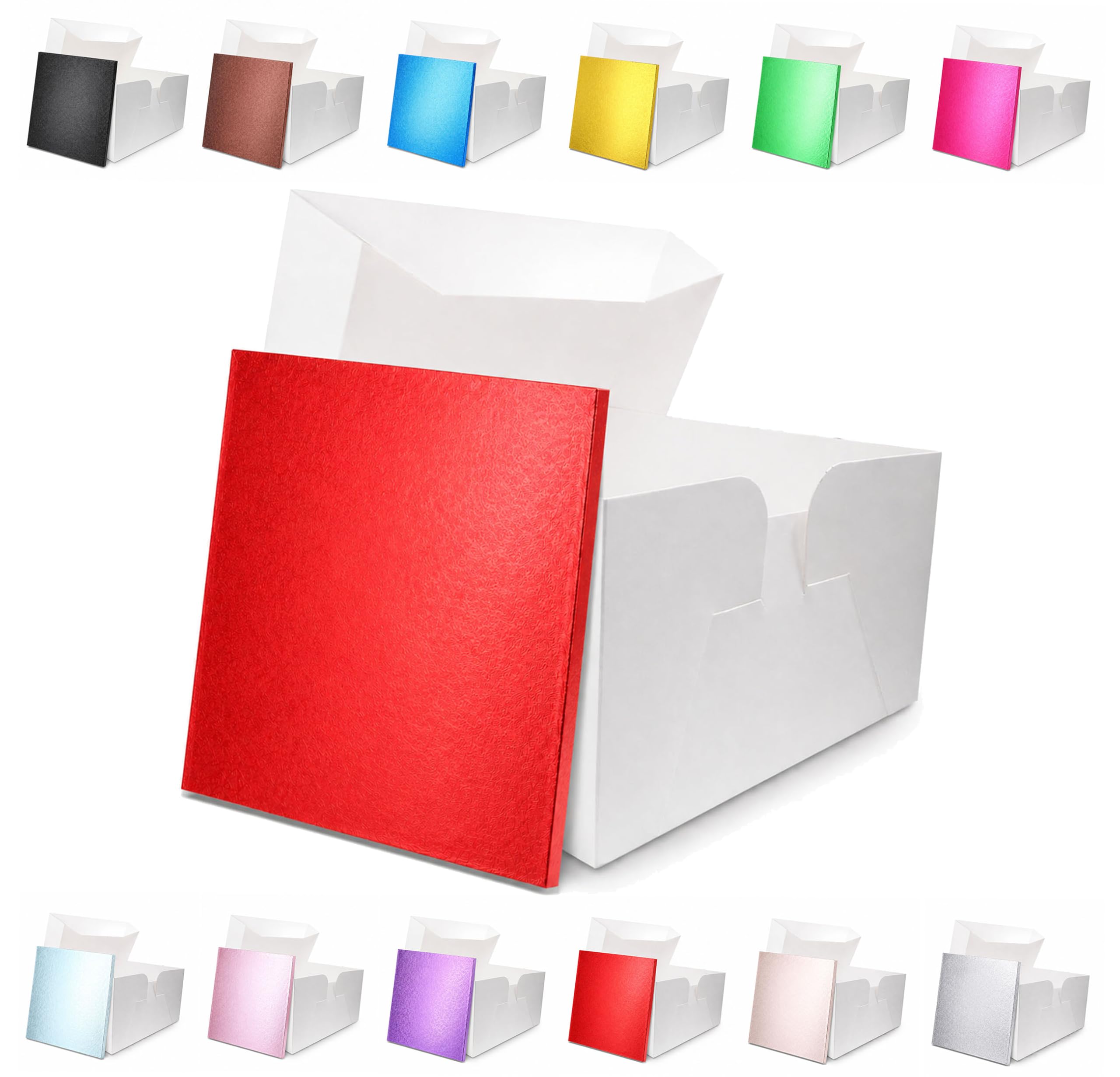 LARRYROO Square Colour Cake Drum Board & White Box + Lid Combo Pack for Wedding, Birthday Cakes (Red, 8 Inches)