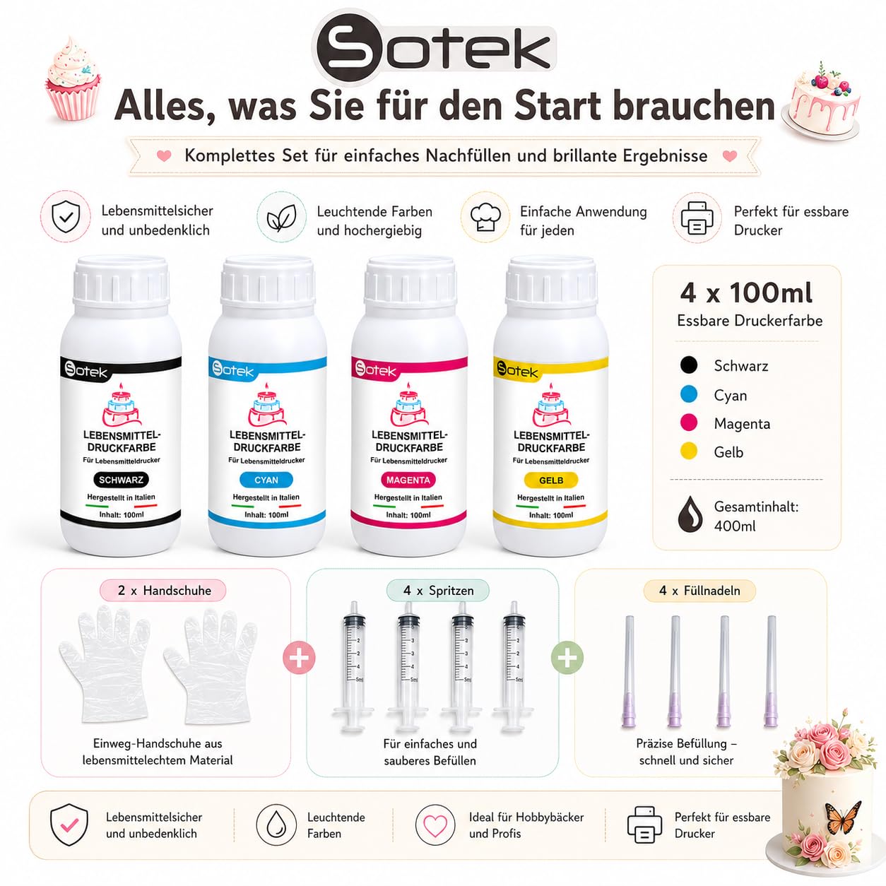 Sotek Lebensmitteltinte Essbare Drucker Tinte 4 Farben Set 100ml pro Flasche für alle Nachfüllbare Drucker