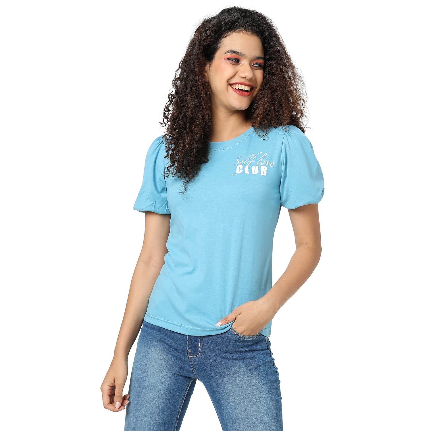 Campus Sutra Women Blue Printed Regular Top in blue