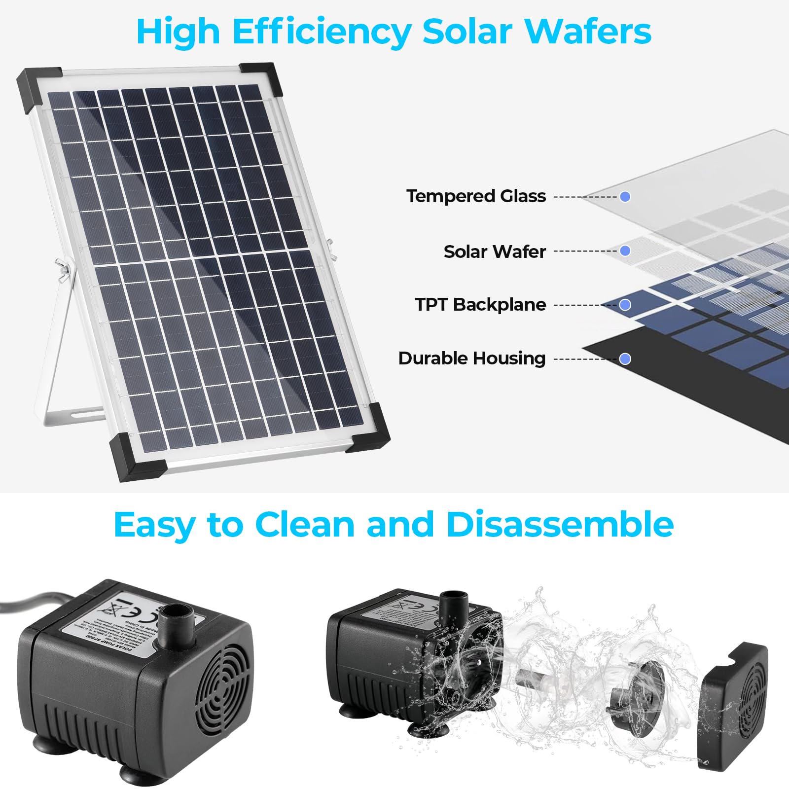 Clevich 12W Solar Fountain Pump with 500L/h Flow Rate, 1M Tube & 9 Nozzles for Garden Ponds, Bird Baths & Fish Tanks – 3.25M Cable for Outdoor Water Features — view 6