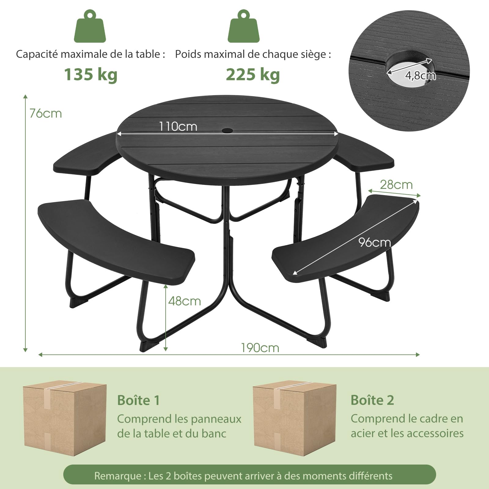 GOPLUS Table de Pique-Nique avec 4 Bancs Intégrés pour 4 à 8 Personnes, Table Jadin Exterieur en HDPE avec Trou pour Parasol,Ronde en Plein Air, Cadre en Métal,Charge 225KG+135KG(Noir)