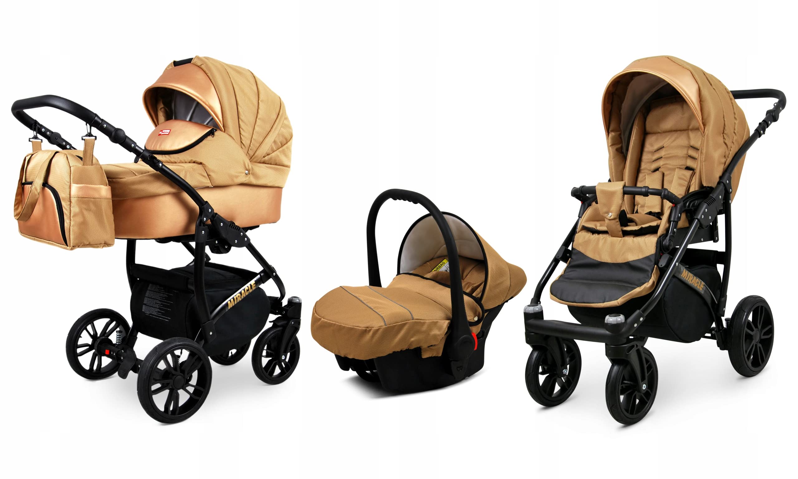 BabyLux® Enfant Poussette Combinée Set 3 en 1 - Miracle - incl. Nacelle, Canne, Siège de voiture - Siège Auto - Pliable - avec Sac à langer, Habillage pluie, Moustiquaire etc.