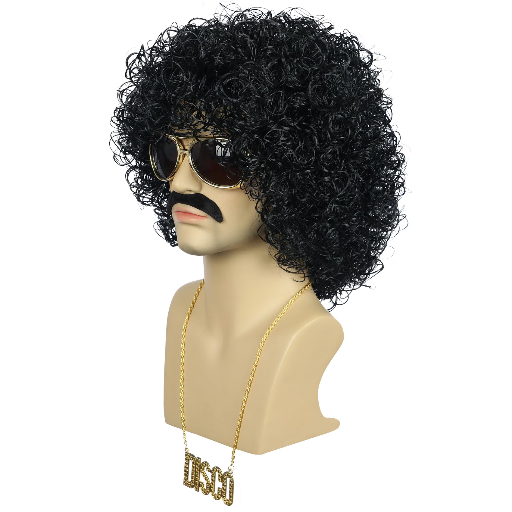 karlery Men Short Curly Black Wig with Mustache Necklace Glasses 70s 80s Disco Afro Rocker Wig for Cosplay Halloween Party - Image 2