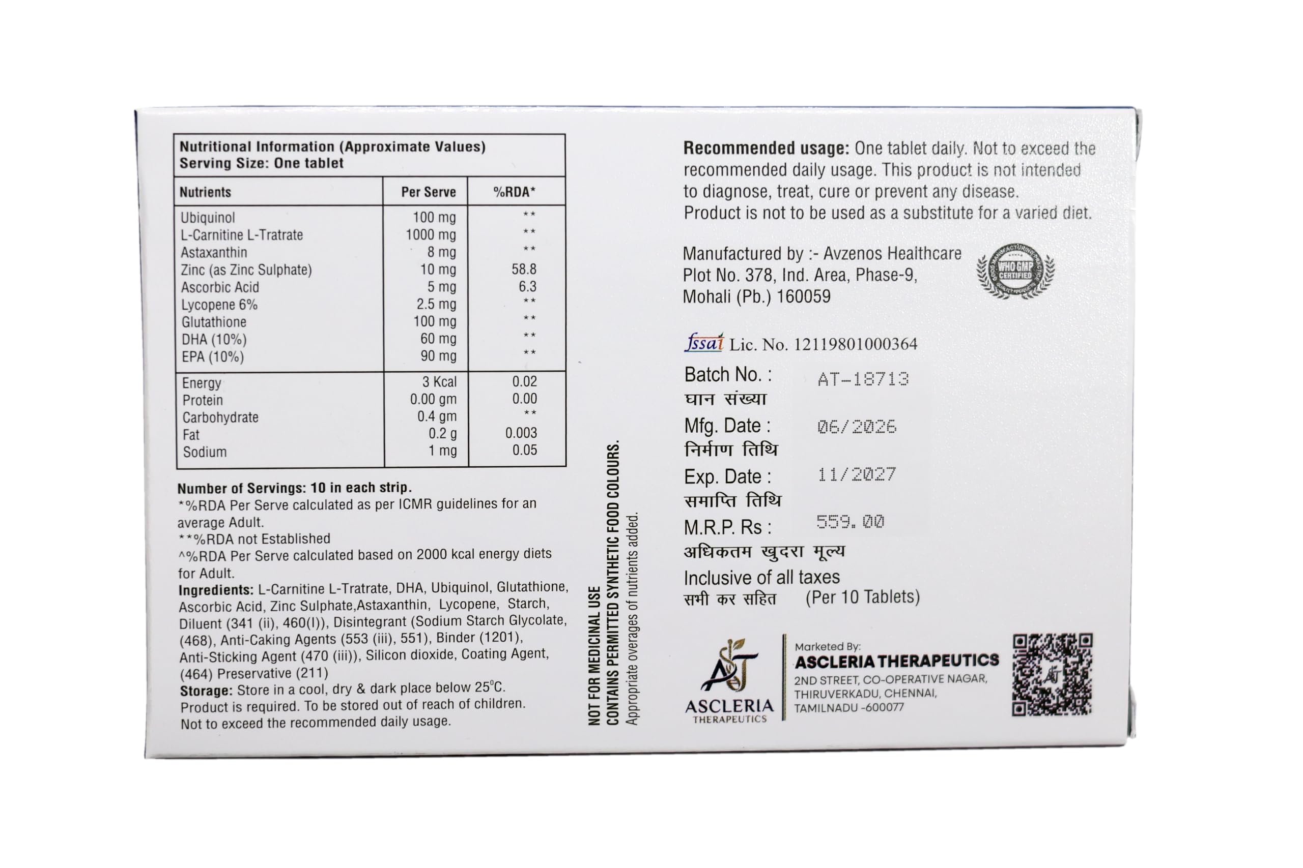 Q-TA LC™ | Ubiquinol, L-carnitine L-tartrate, Astaxanthin, Zinc, Ascorbic Acid, Lycopene & Glutathione With DHA & EPA Tablets for Male Reproductive Health, Energy Metabolism and Overall Cellular Antioxidant Defense — Amazon image 3