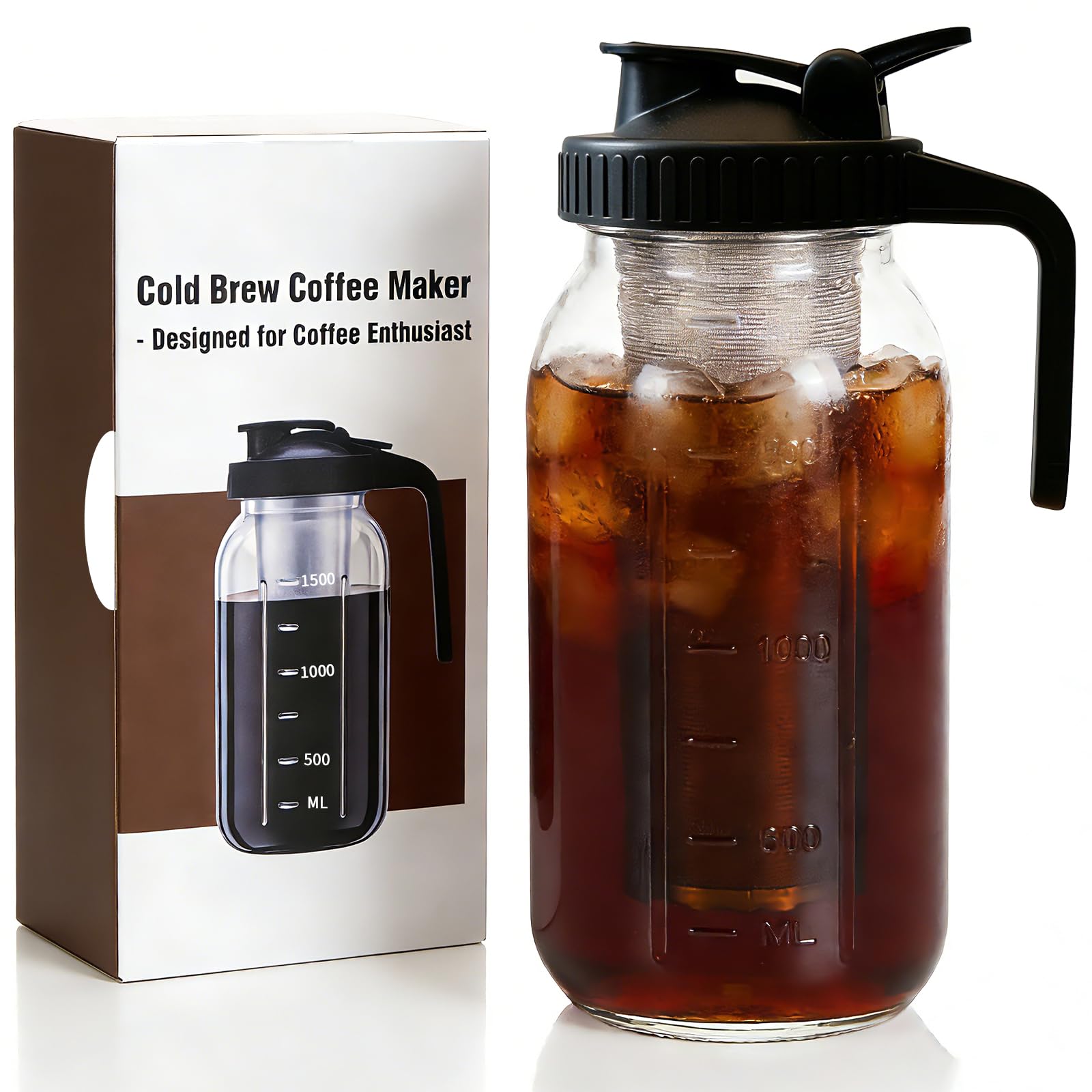 Cold Brew Coffee Maker, 64 oz Mason Jar Infuser Pitcher for Iced Coffee Tea