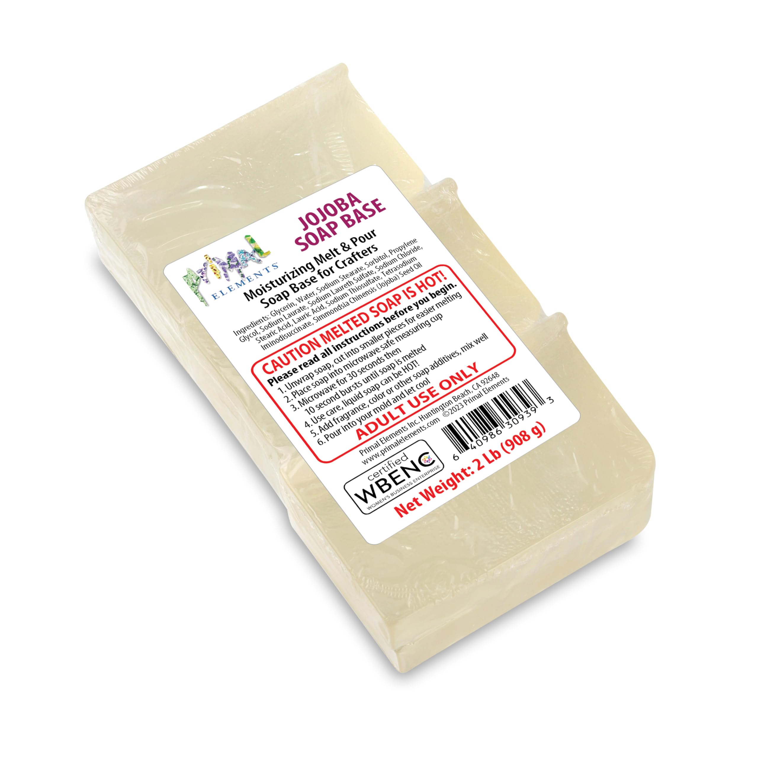 Primal Elements Jojoba Oil Soap Base - Moisturizing Melt and Pour Glycerin Soap Base for Crafting and Soap Making, Vegan, Cruelty Free, Easy to Cut - 2 Pound