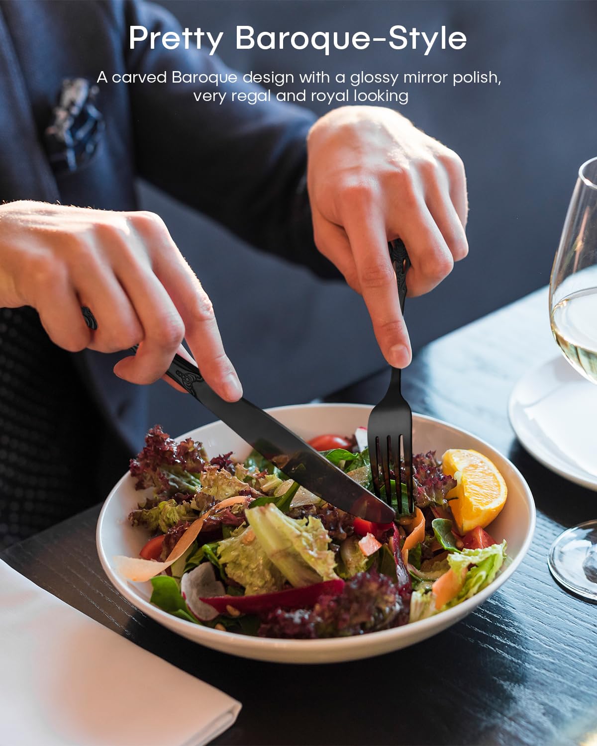 Black Silverware Set For 8, Ollex 48 PCS Retro Royal Silverware Flatware Set with Black Spoons Forks Knives Set, Mirror Polished Stainless Steel vintage Utensils Set, Dishwasher Safe