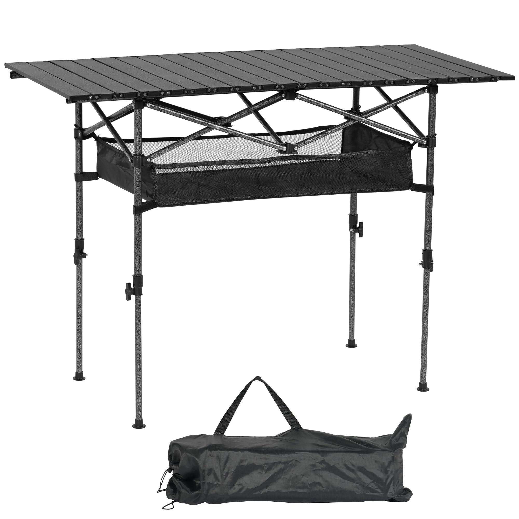 SogesPower Tavolo Campeggio Pieghevole, Altezza Regolabile 55-80cm, Piano Arrotolabile 120x55cm, Acciaio Carbonio Leggero 4,4kg, Capacità 80kg, Tasca a Rete + Borsa Trasporto, Nero