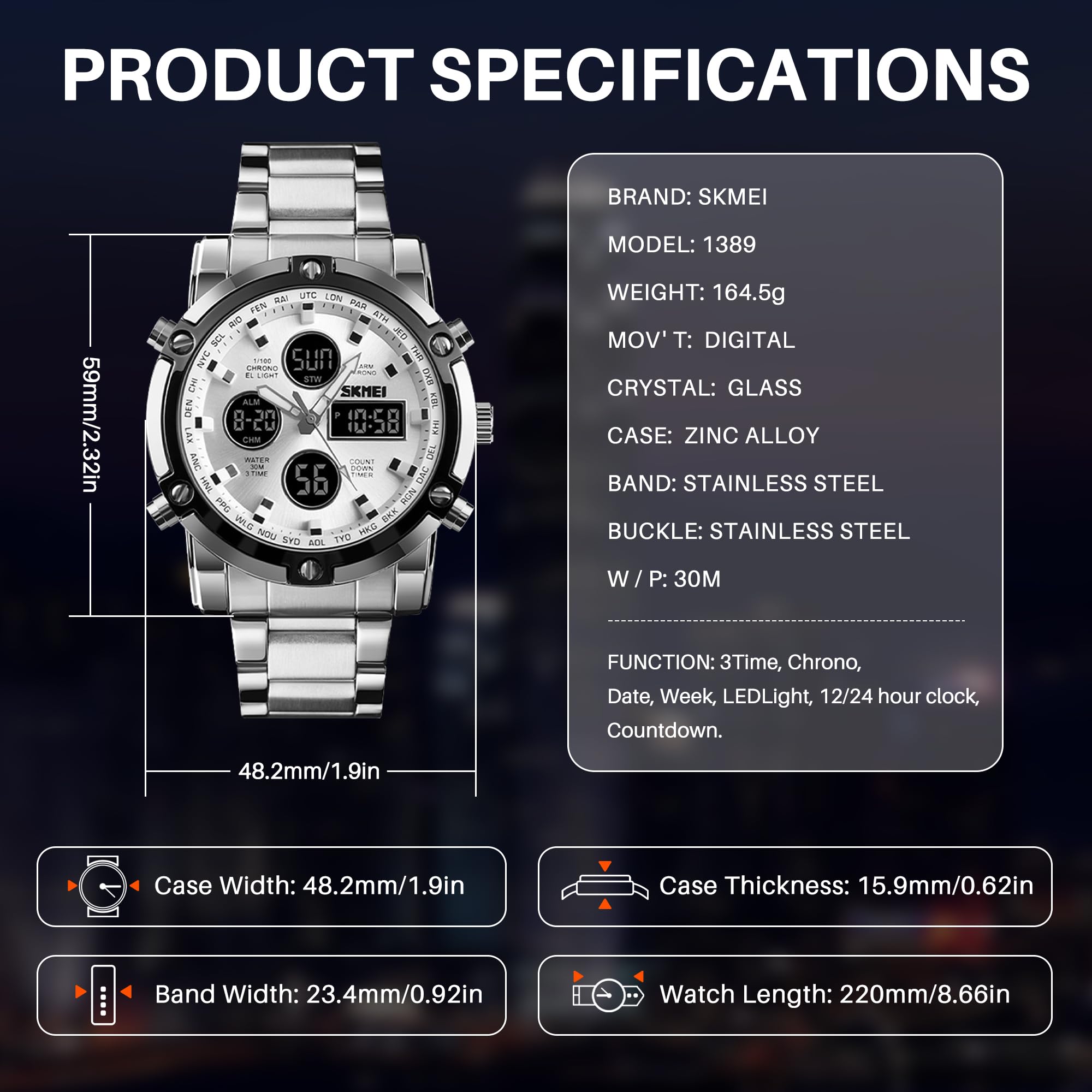 SKMEI Herren-Armbanduhr, wasserdicht, Militär, analog, digital, mit LED, Chronograph, Edelstahl, Business-Uhren für Herren