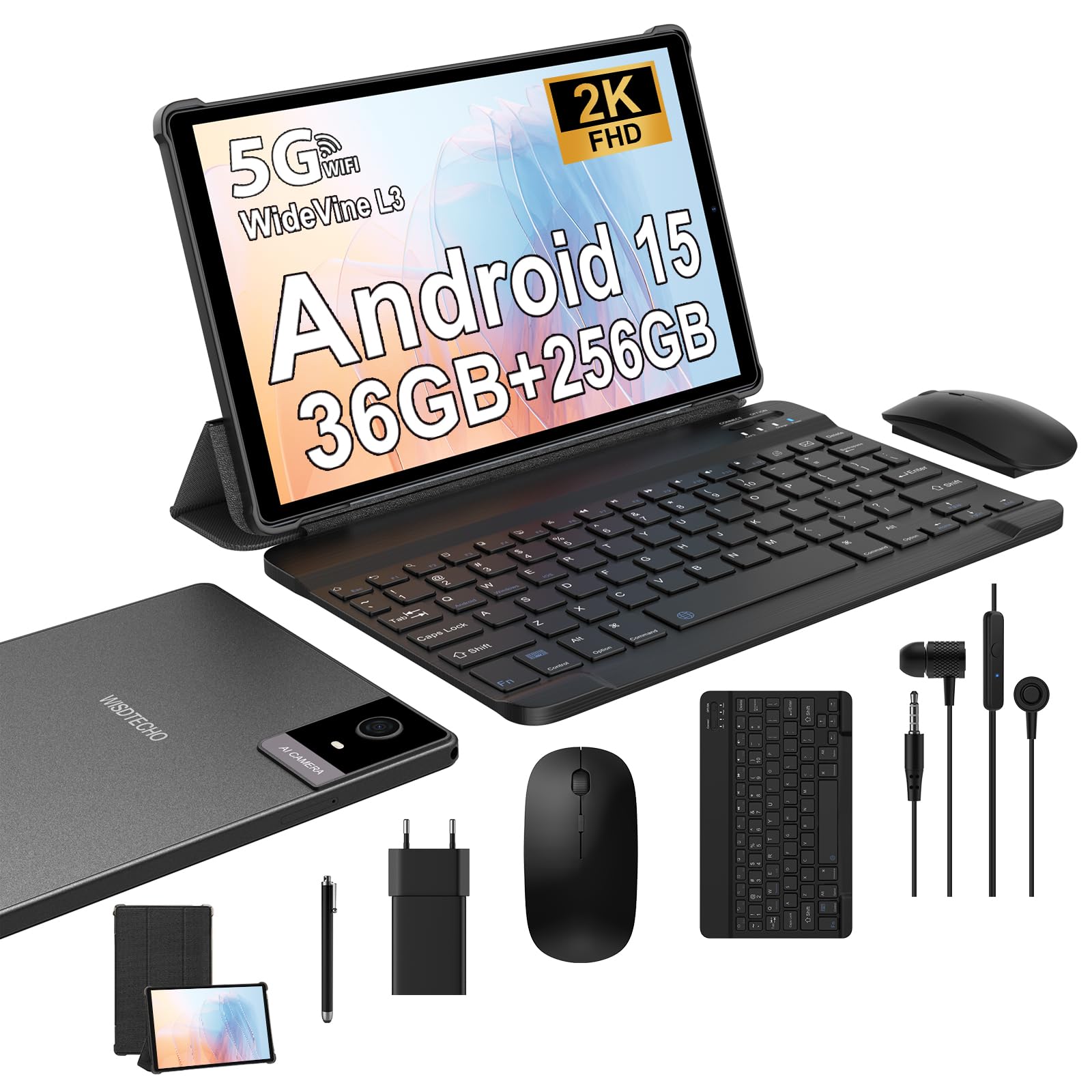 WISDTECHO Tablet 10.4 Pollici con Tastiera, Android 15 Tablet con 36GB RAM+256GB ROM(TF 1TB), 5G WiFi, IPS 2K HD, 8000mAh, Octa-Core, 13MP+8MP, Bluetooth 5.0, Tablets in offerta e Mouse,Custodia, Nero