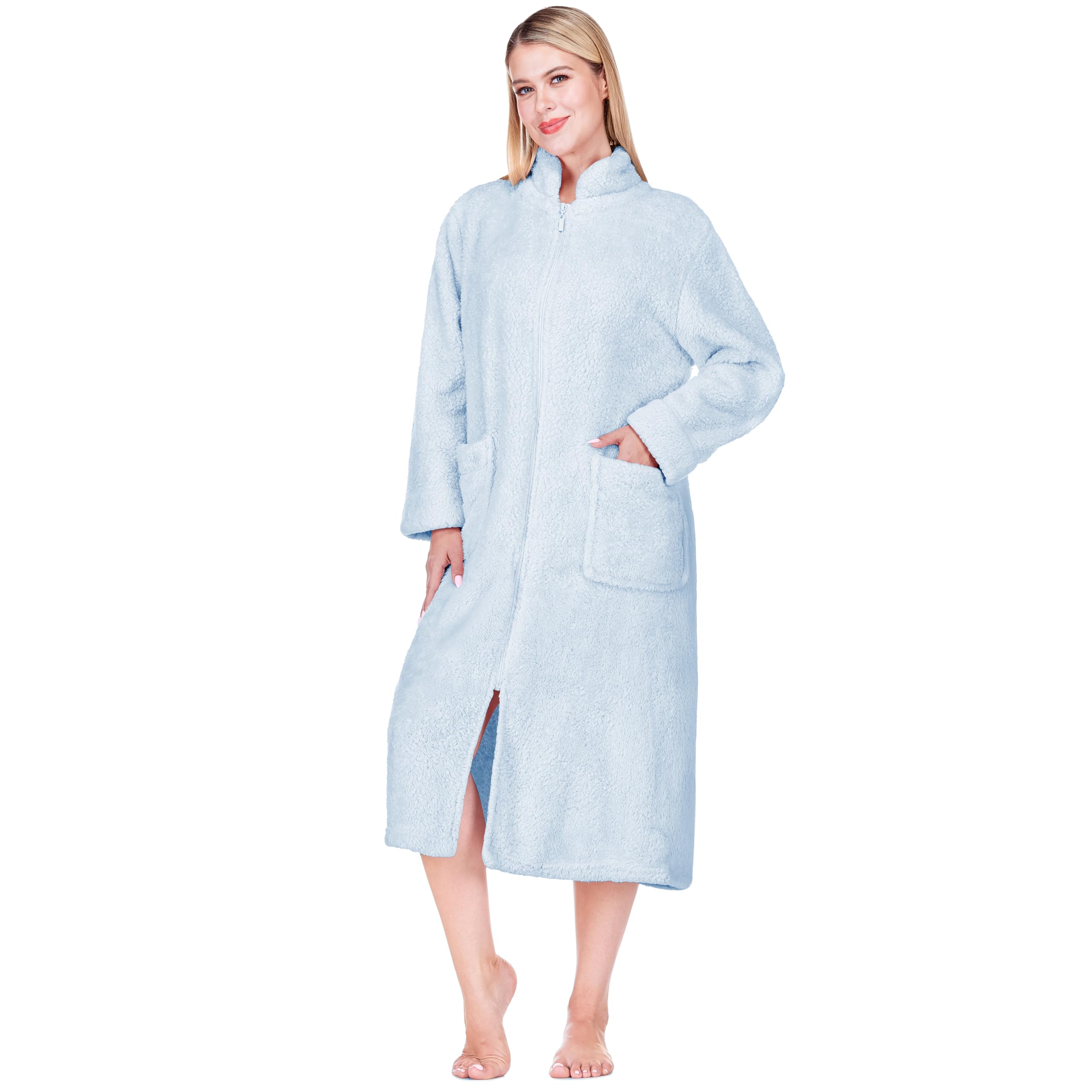 PAVILIA Womens Housecoat Zip Robe, Sherpa Zip Up Front Robe Bathrobe, Plush Warm Zipper House Coat Lounger, Pockets Fluffy