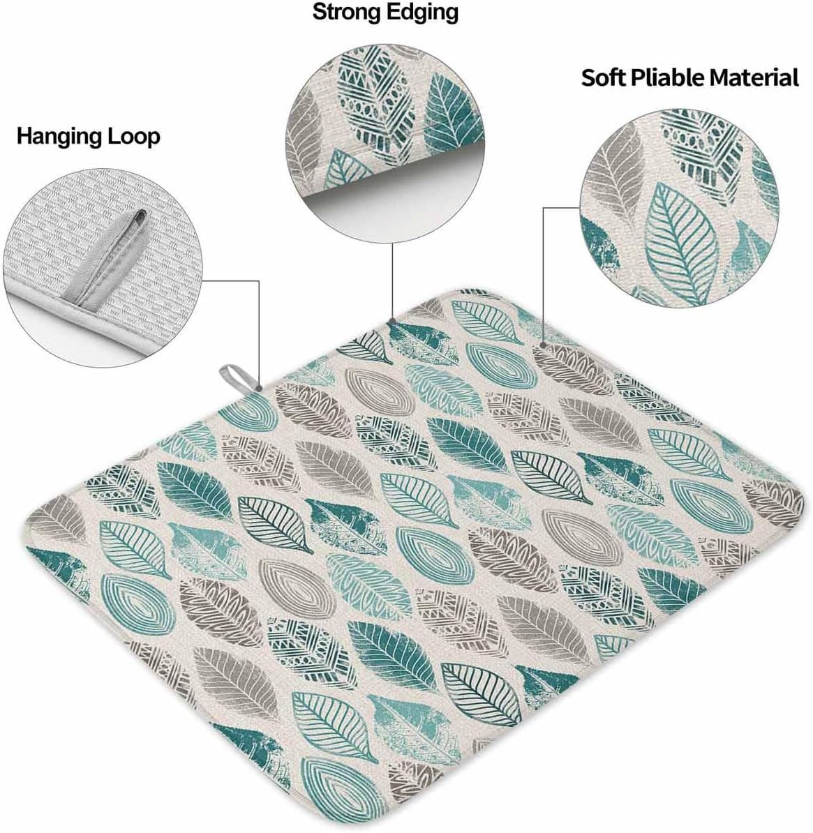 2 Pack Dish Drying Mats,Teal Leaf Gray Gradient Leaves Super Absorbent Microfiber Dishes Drainer Mat Farm Plant Vintage Linen Reversible Drying Rack Pads for Kitchen Counter Sink