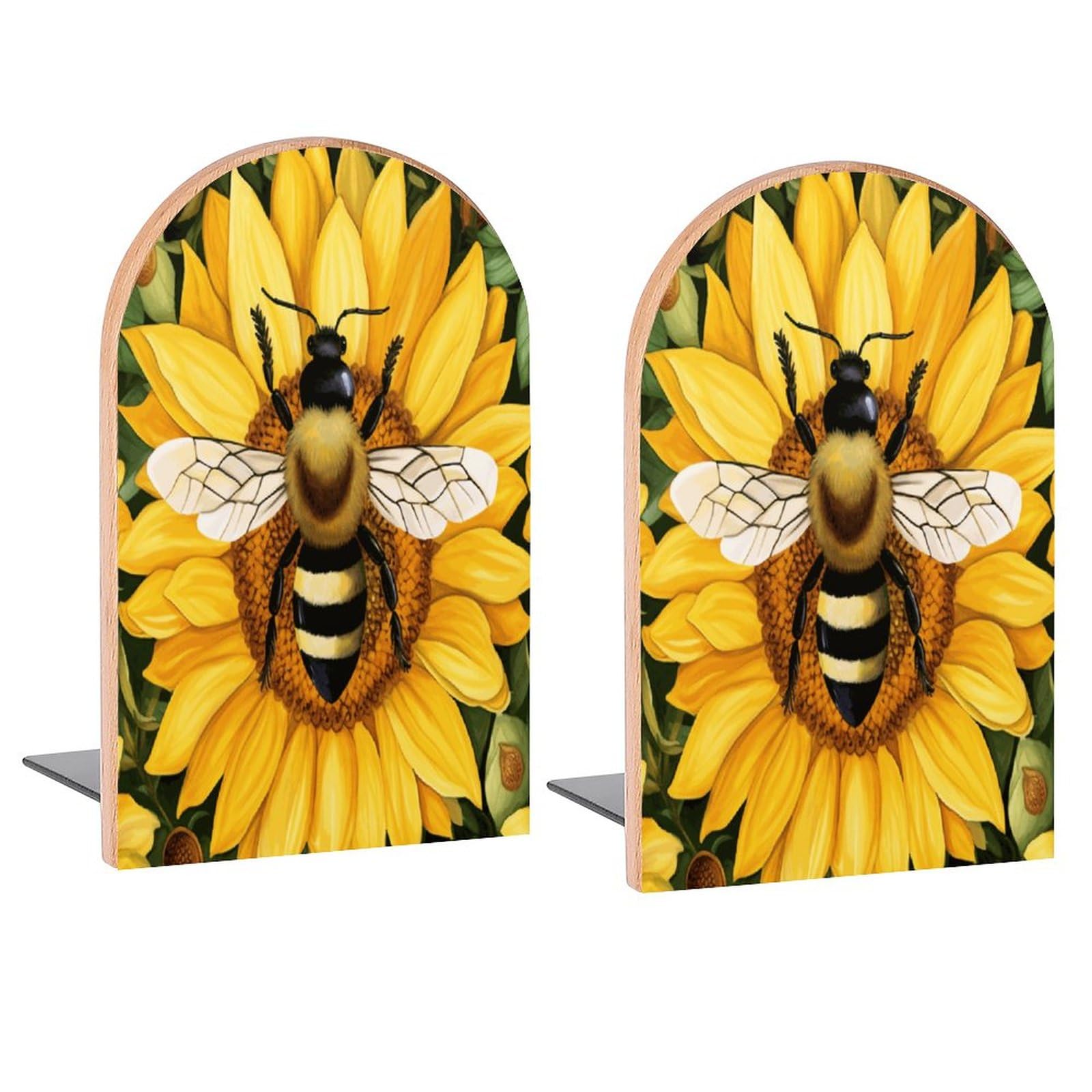 Painting Bee Sunflowers Daisies Book Ends Decorative Wood Bookends for Shelves Kids Room Desk Home Office Book Stoppers for Magazines,Books DVDs 1 Pair 2 Pieces(5x3.1 in)