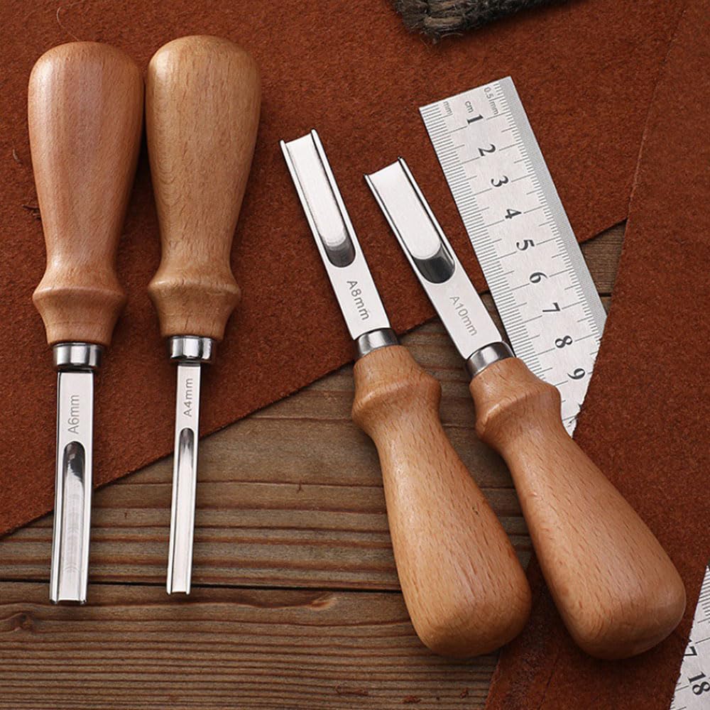 4PCS Couteau à Parer en Cuir, Outil de Maroquinerie avec Manche en Bois 4mm, 6mm, 8mm, 10mm Outils pour Parer les Bords du Cuir pour le Travail du Cuir pour Biseauter Couper Découper et Marquage