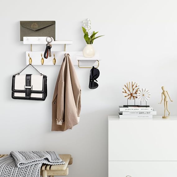 Coat Rack Wall Mount with Shelf, 4 in 1 Wood Coat Hooks with Key and Mail Holder, 17 Inch Entryway Hanging Shelf with Sunglasses Holder and 4 Metal Hooks for Clothes Hats Bag, White and Gold