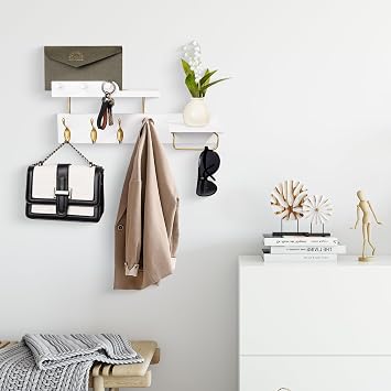 Coat Rack Wall Mount with Shelf, 4 in 1 Wood Coat Hooks with Key and Mail Holder, 17 Inch Entryway Hanging Shelf with Sunglasses Holder and 4 Metal Hooks for Clothes Hats Bag, White and Gold