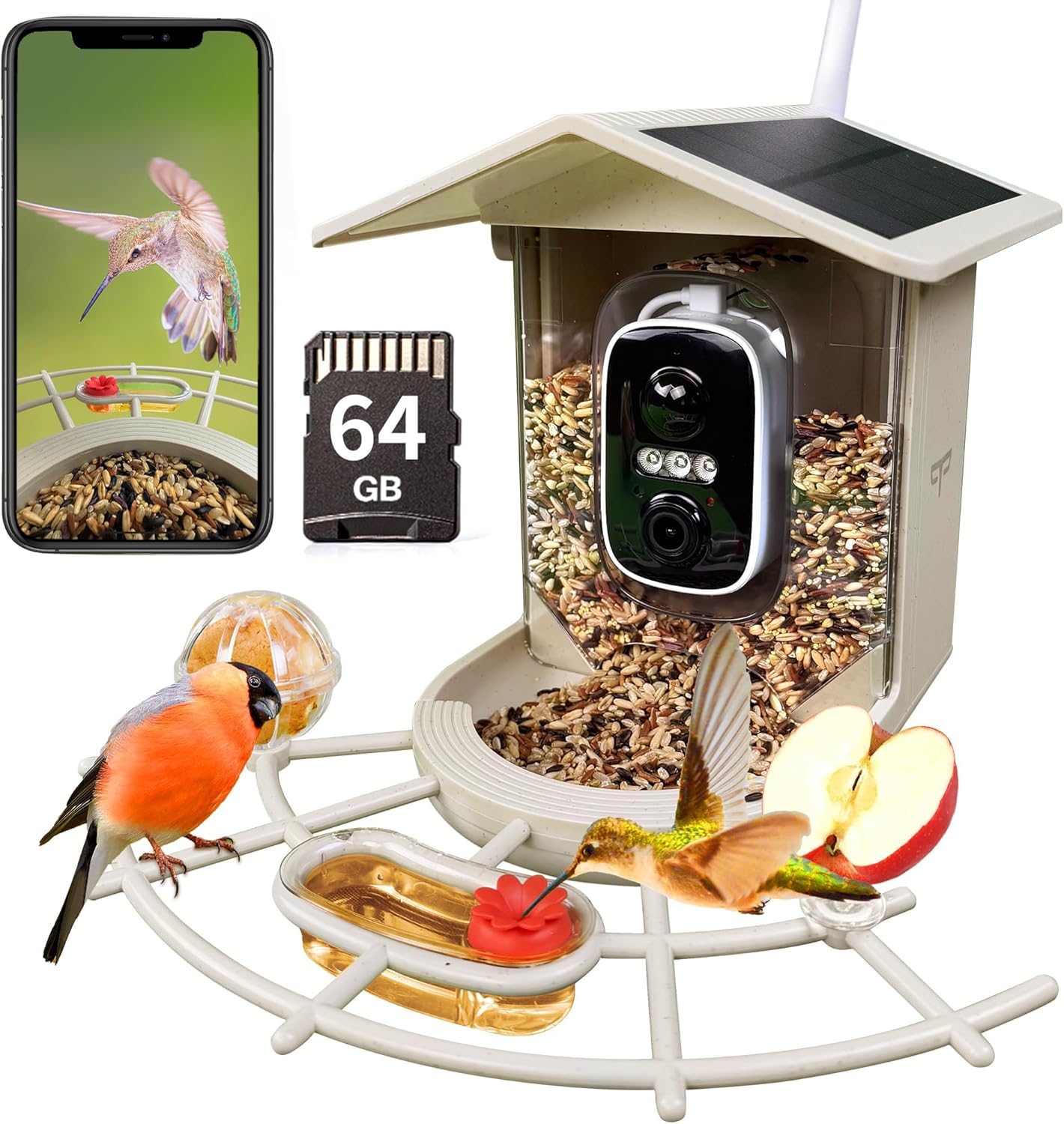 Origem Comedero Pájaros Exterior con Cámara 2K Solar, Tarjeta SD 64 GB | Comedero inteligente 1,7 L, cámara con visión nocturna, identificación IA de aves, IP65 y avisos instantáneos al móvil