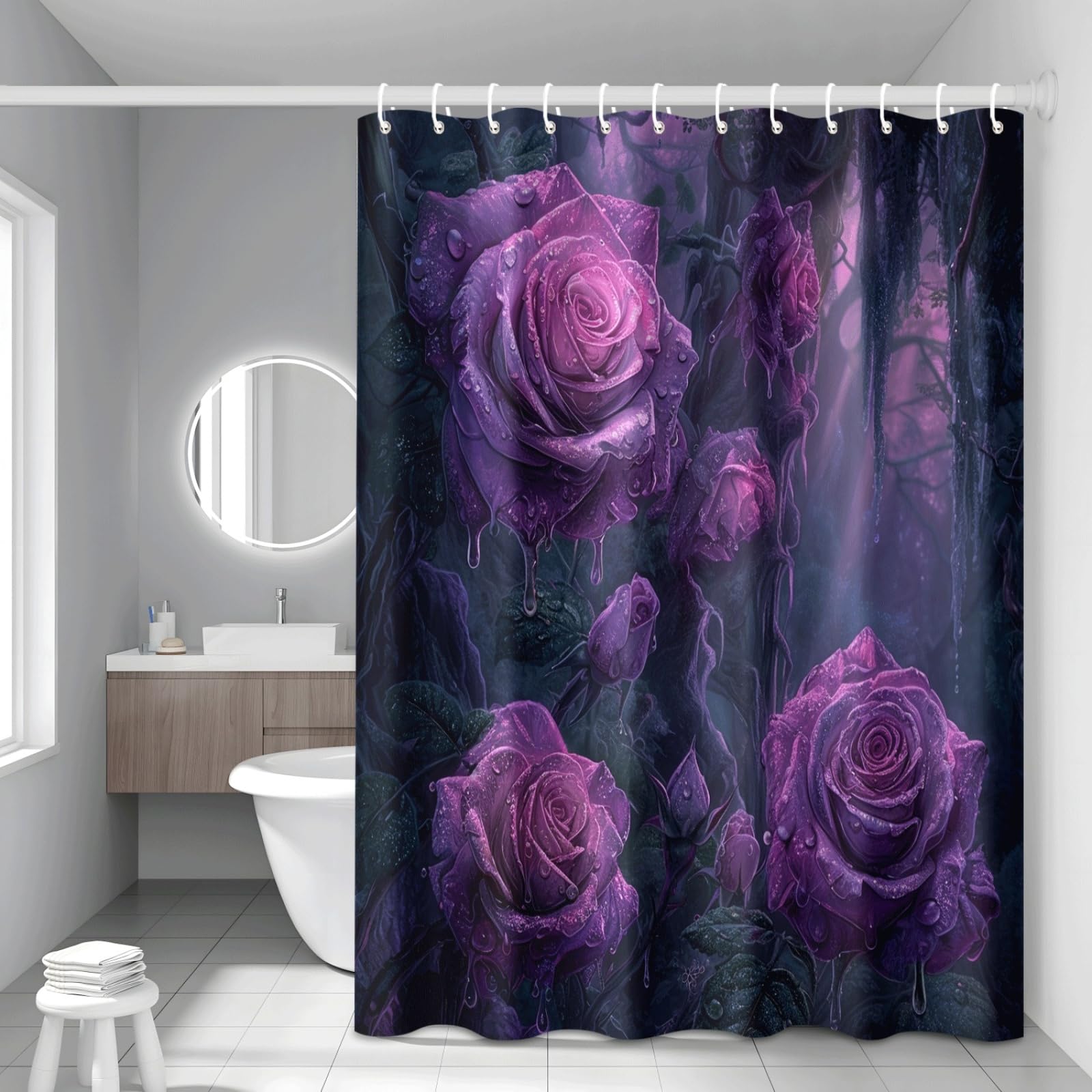 Rideau douche violet vert foncé imperméable pour stopper les fuites d'eau sur le sol