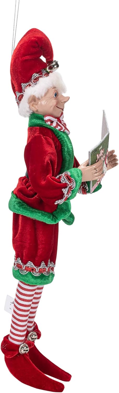 Raz Imports Posable Christmas Elf, 16" Tall, Red and Green Velvet Outfit with Santa Book, 2019 Reindeer Games Holiday Collection
