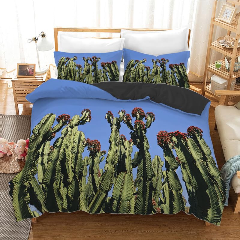 Housse de couette 240 x 260 motif cactus bleu avec parure de lit microfibre 110g