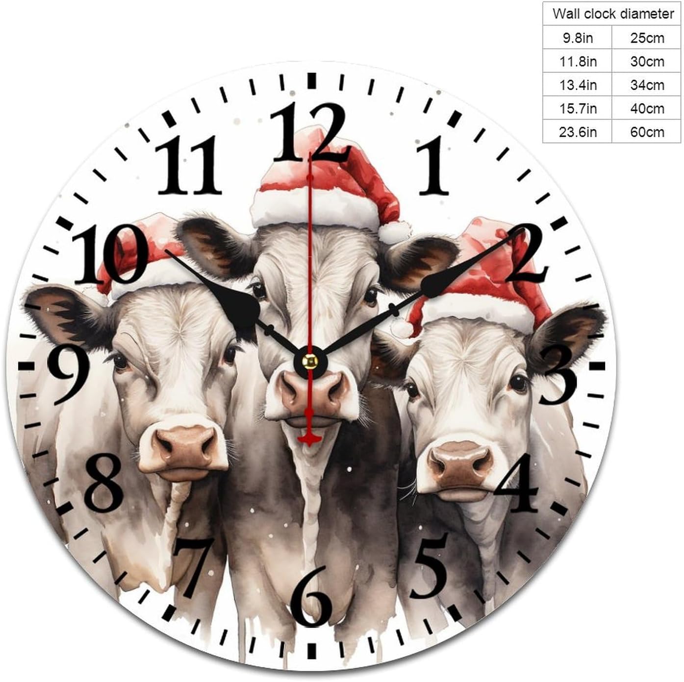 Clocks Three Cows with Christmas Hats Round Decorative Clock Non Ticking Cute Cow Wooden Wall Clock 12 Inch Home Office School Winter Rustic Wooden New Year Clocks