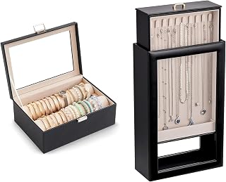 Lolalet Black Bracelet Display Holder with Rods and Black 1-Layer Double-Sided Hanging Necklace Organizer Box Bundle, Jewelry Storage and Display Solution