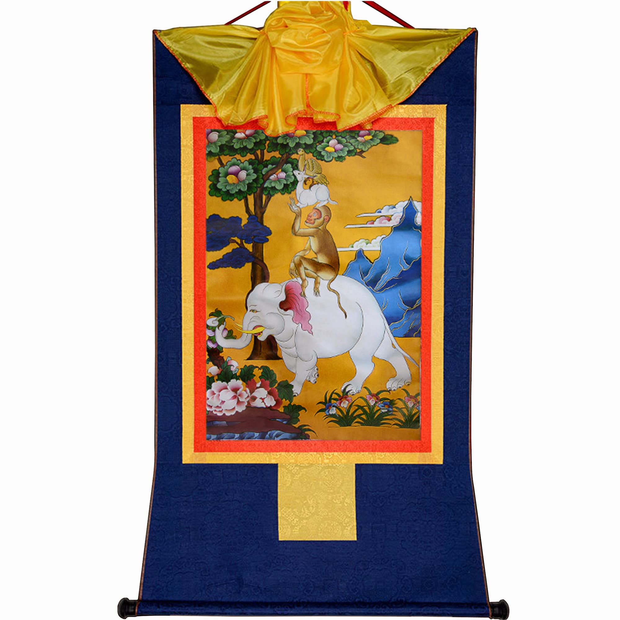 Gandhanra Thangka Tibetische Wandbehang,Vier harmonische Tiere Thangka,Heißgeprägter Buddha Wandteppich für Zen Wohnkultur, Meditation, Spirituelle Entspannung und Ruhe