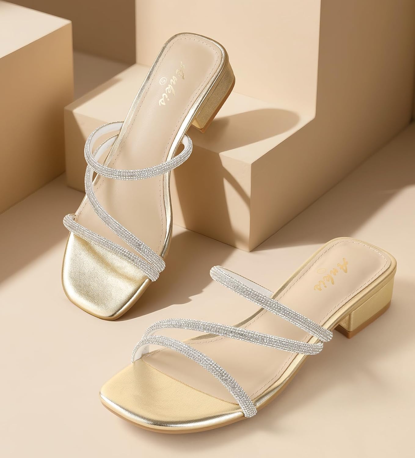 Ankis Black Nude White Strappy Heels Women 1 Inch Low Chunky Block Heel Heeled Sandals Square Open Toe Slip On Slides Mules - Image 3