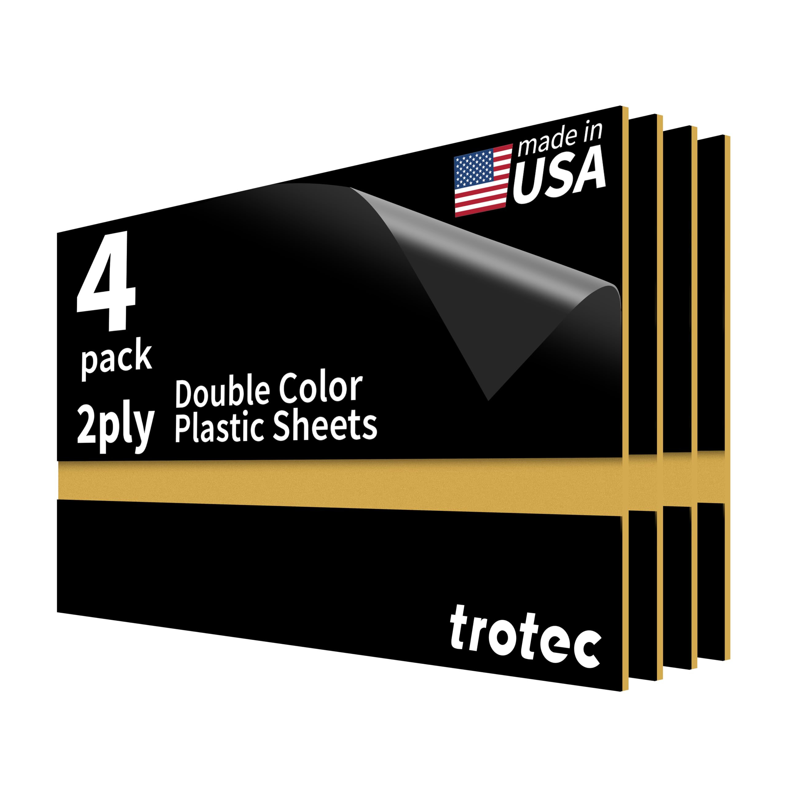 Trotec TroLase | 12"x24"x1/16", 4 Pcs | Black/Gold | 2 Ply | Modified Acrylic | Laser Engraving Double Color Plastic Sheet | Engraving Blanks for